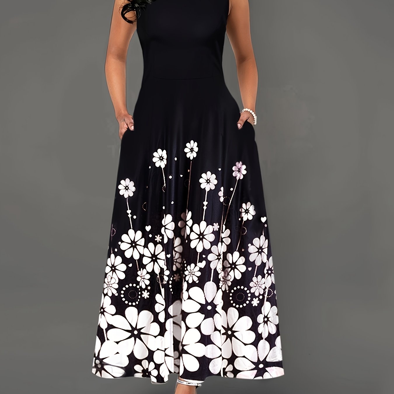 gbolsos Floral Print A-line Long Dress, Elegant Crew Neck Sleeveless Waist Summer Swing Dresses, Women's Clothing