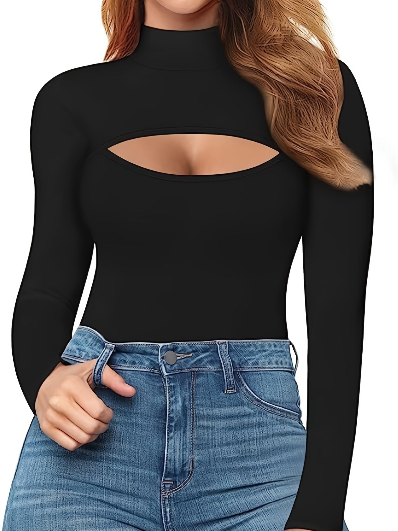 gbolsos Plus Size Sexy Bodysuit, Women's Plus Solid Cut Out Front Long Sleeve High Neck Slim Fit Bodysuit