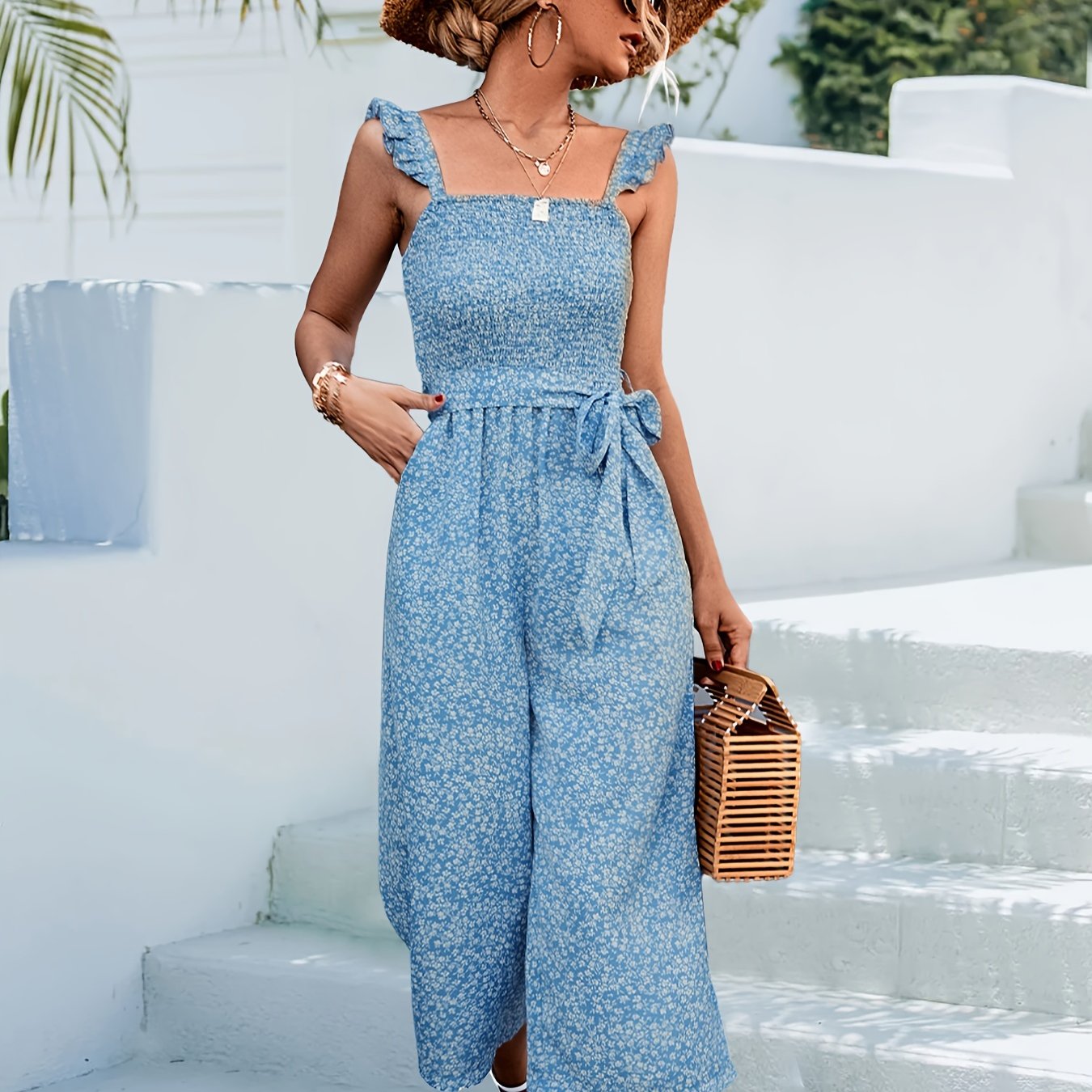 gbolsos Boho Ditsy Lace Up Jumpsuit, Casual Holiday Sleeveless Ruffle Hem Wide Leg Jumpsuit, Women's Clothing