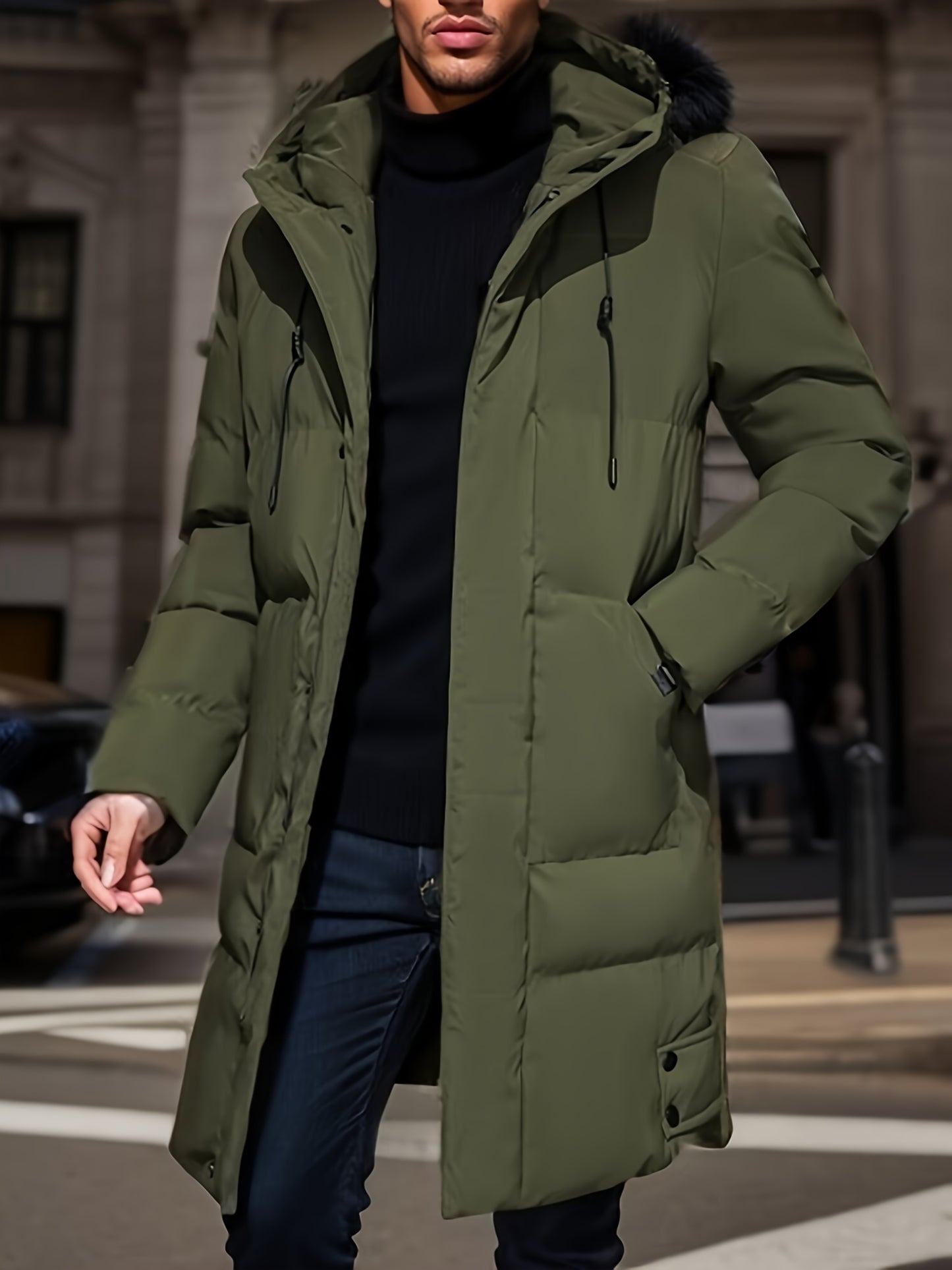 gbolsos Warm Hooded Mid-length Jacket, Men's Casual Zip Up Cotton Padded Jacket Overcoat For Fall Winter Outdoor