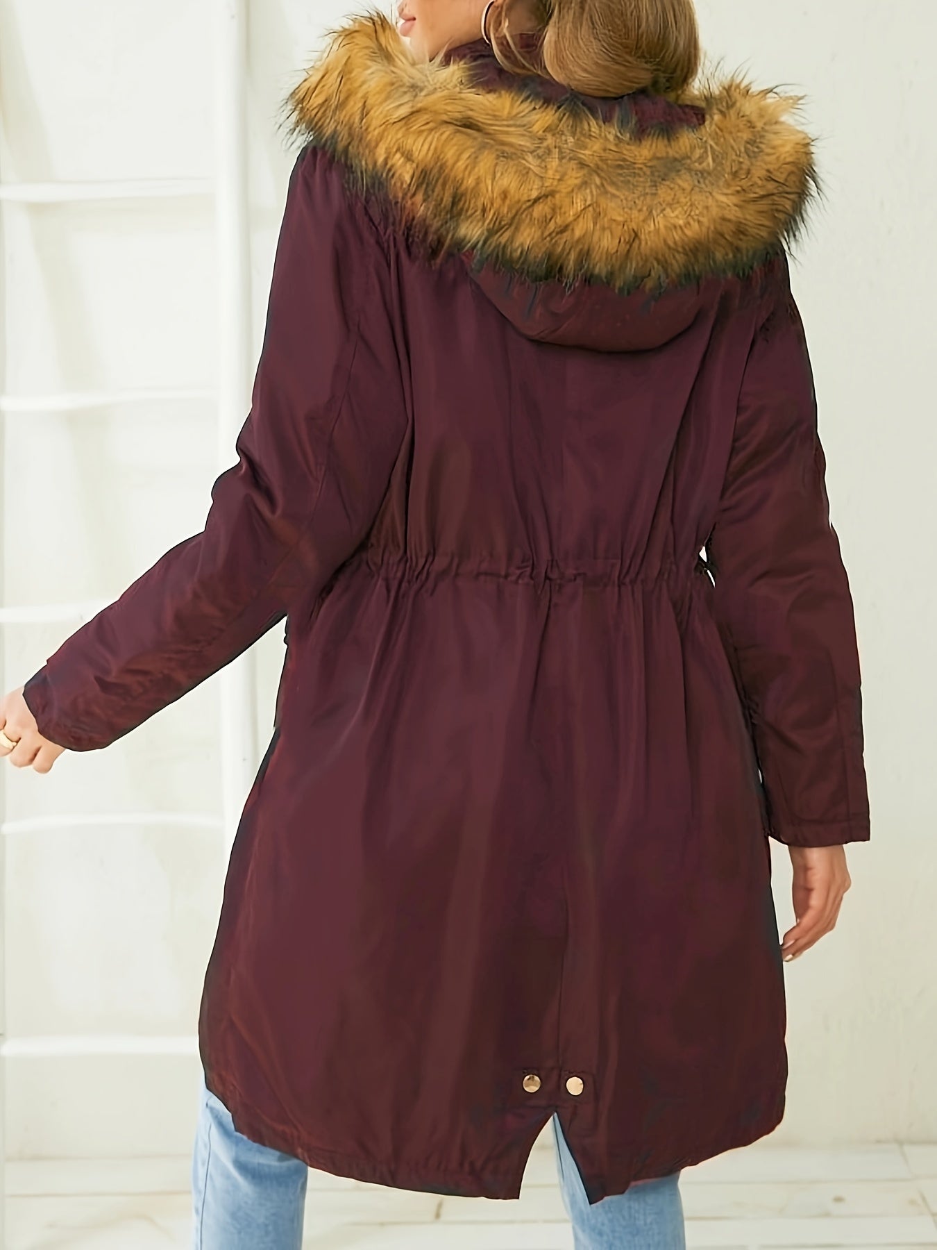 gbolsos Faux Fur Trim Hooded Coat, Casual Zip & Button Front Long Sleeve Winter Warm Outerwear, Women's Clothing