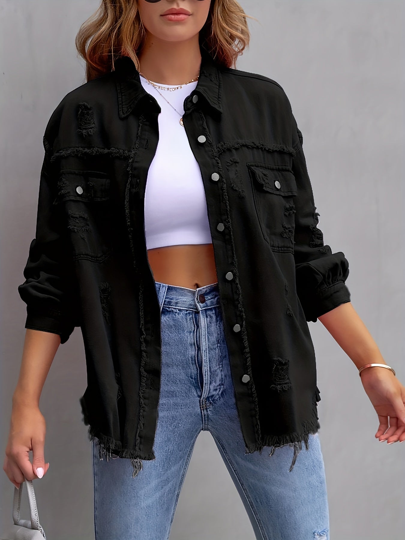 Raw Hem Ripped Distressed Denim Jacket, Flap Pockets Long Sleeves Street Style Single-Breasted Denim Coat, Women's Denim Jeans & Clothing