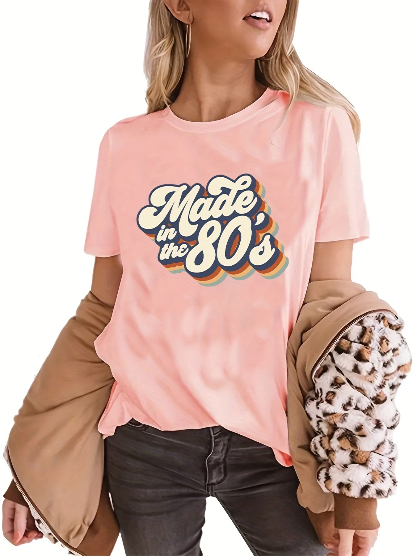 gbolsos "Made In The 203.2cms" Letter Print T-shirts, Crew Neck Short Sleeve Summer Sports Top, Women's Clothing