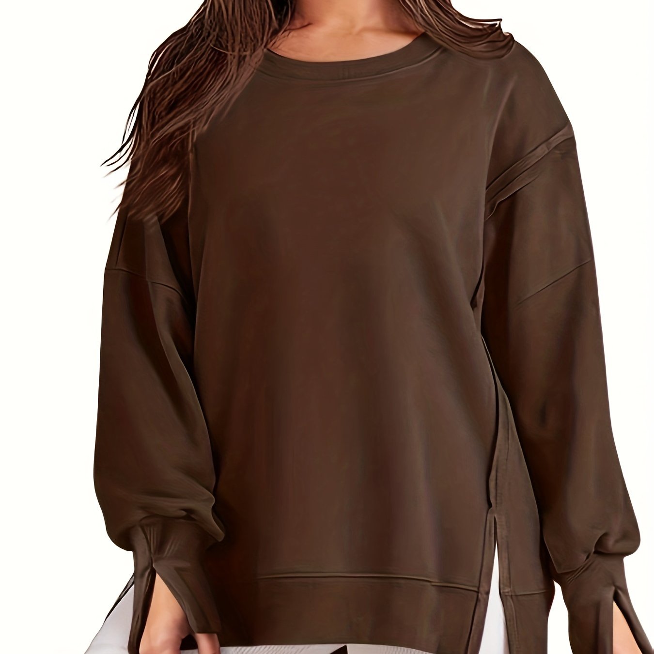 Top-stitching Dipped Hem Pullover Sweatshirt, Casual Long Sleeve Crew Neck Sweatshirt For Fall & Winter, Women's Clothing