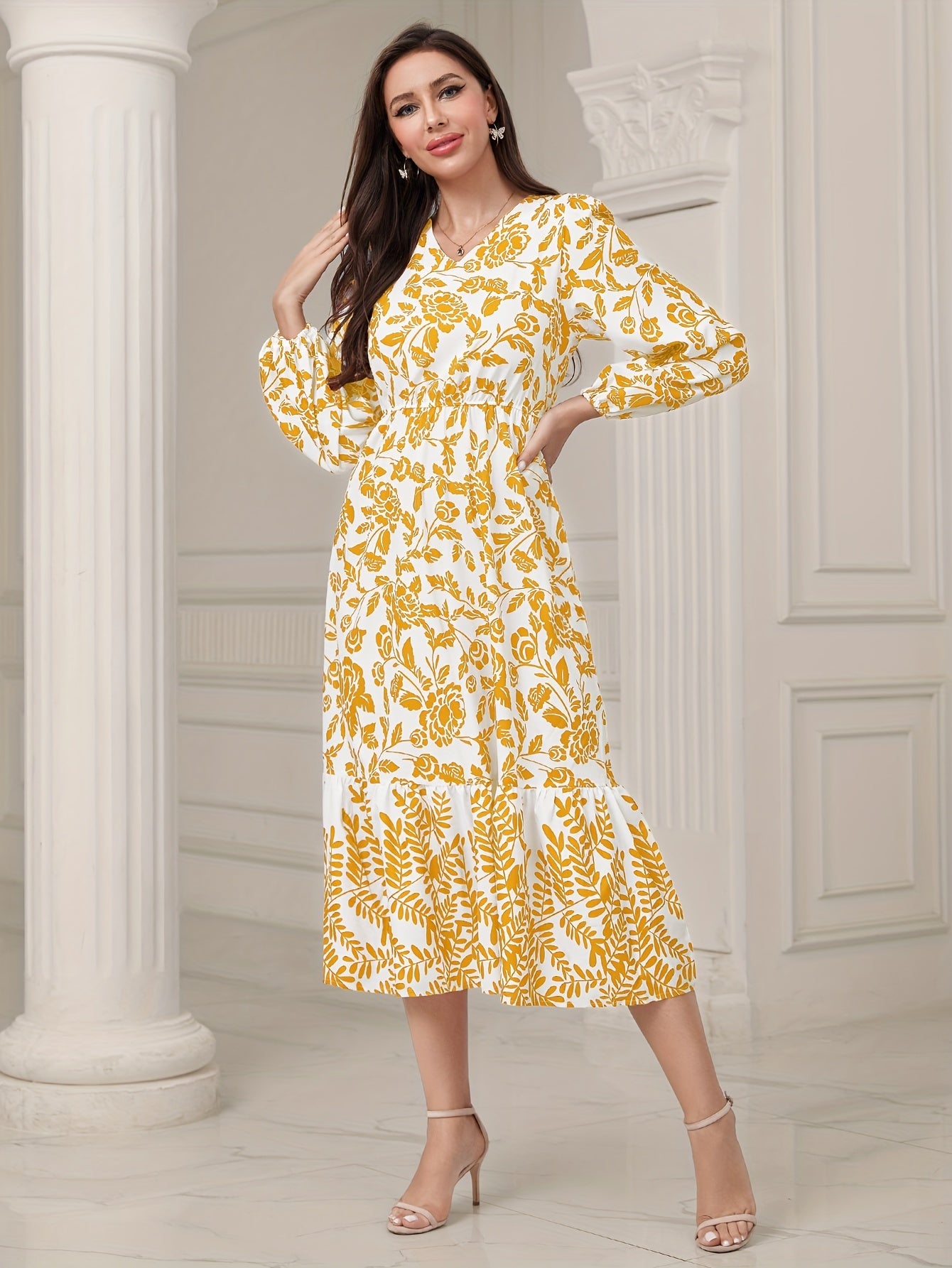 gbolsos Floral & Leaves Print V-neck Dress, Elegant Elastic Waist Long Sleeve Dress For Spring & Fall, Women's Clothing