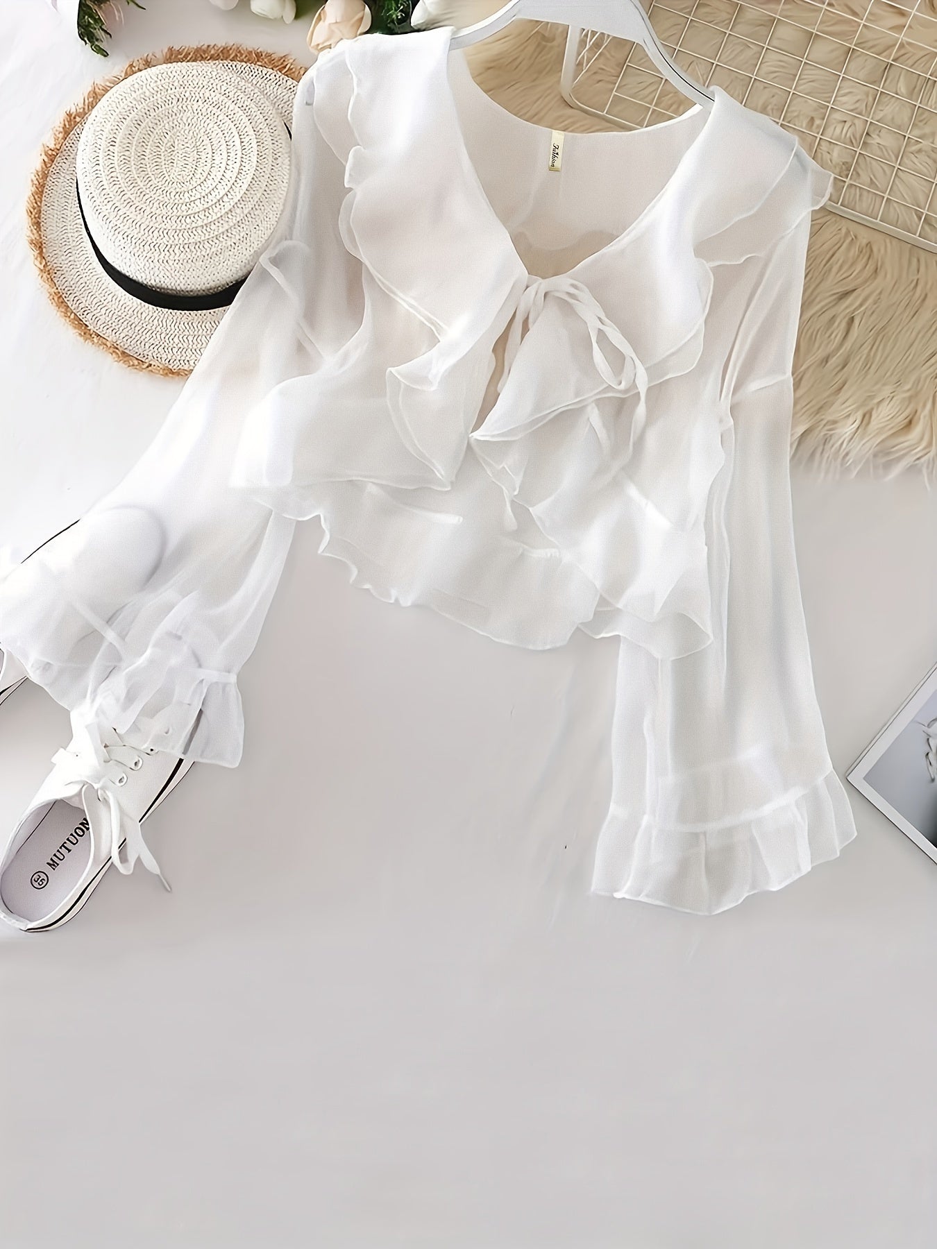 gbolsos Ruffle Layered Blouse, Elegant Tie Front Long Flared Sleeve Blouse, Women's Clothing