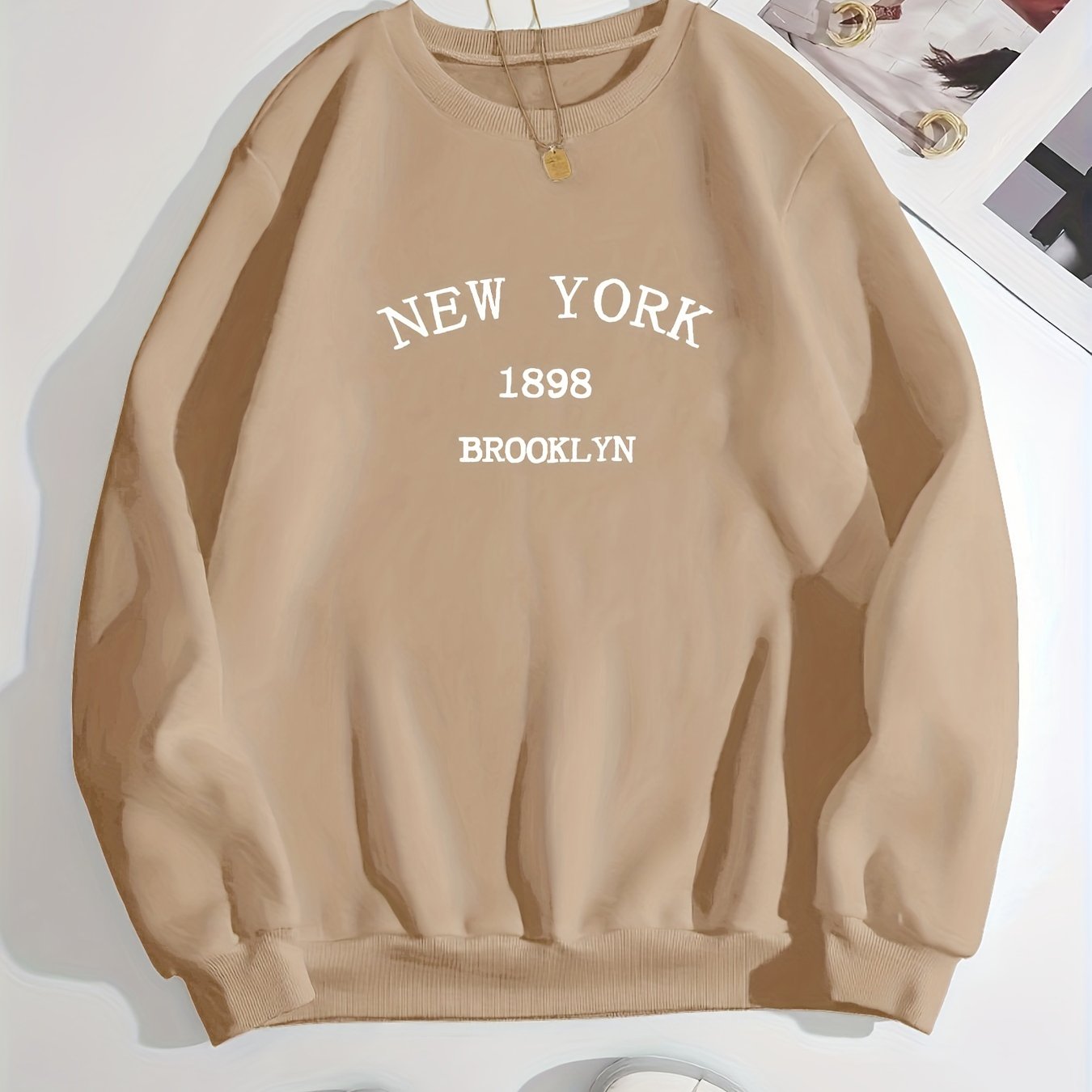 New York Brooklyn Print Loose Sweatshirt, Casual Long Sleeve Crew Neck Sweatshirt, Women's Clothing