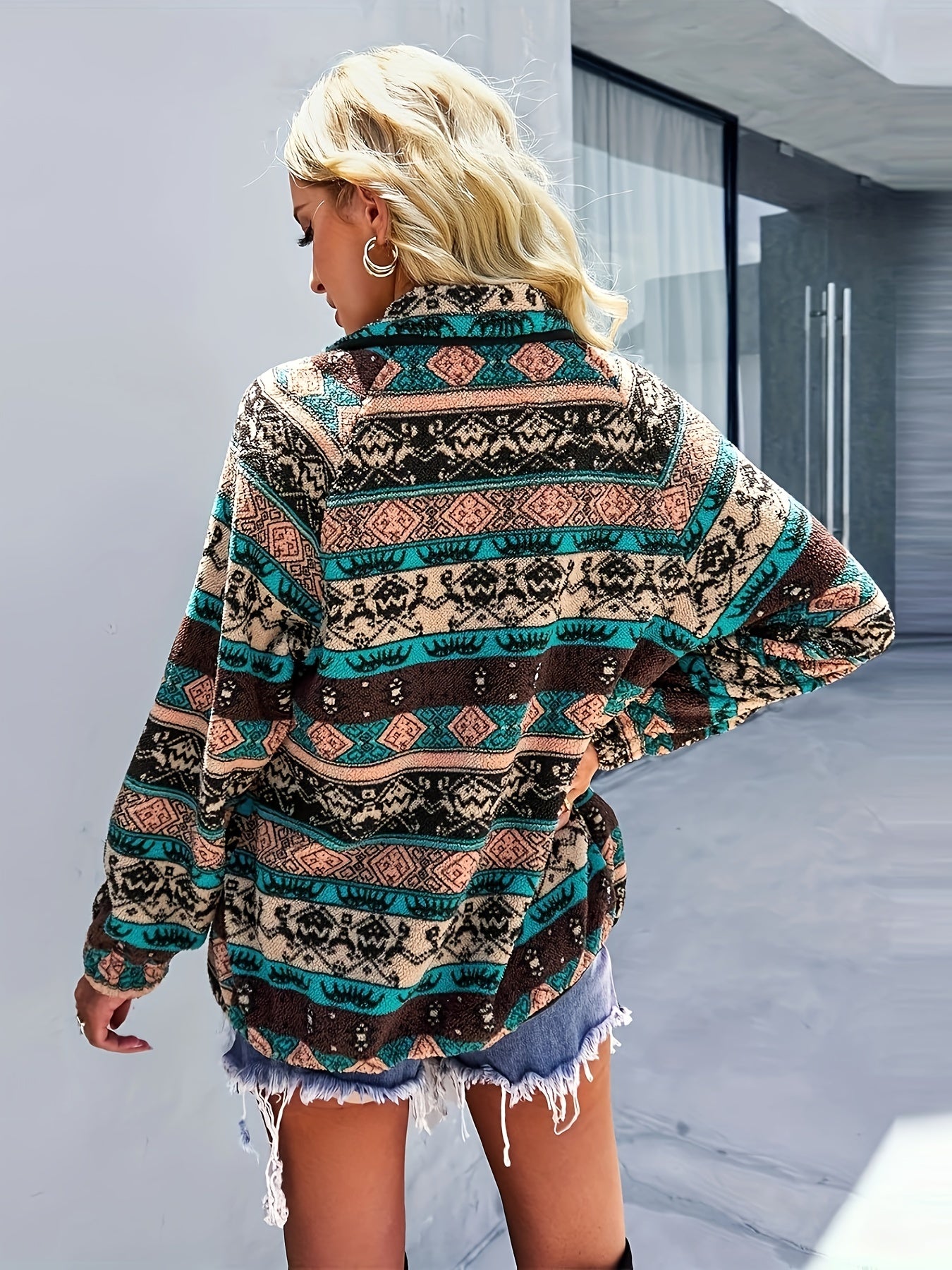 gbolsos Ethnic Geo Print Button Down Jacket, Casual Long Sleeve Drop Shoulder Outwear, Women's Clothing