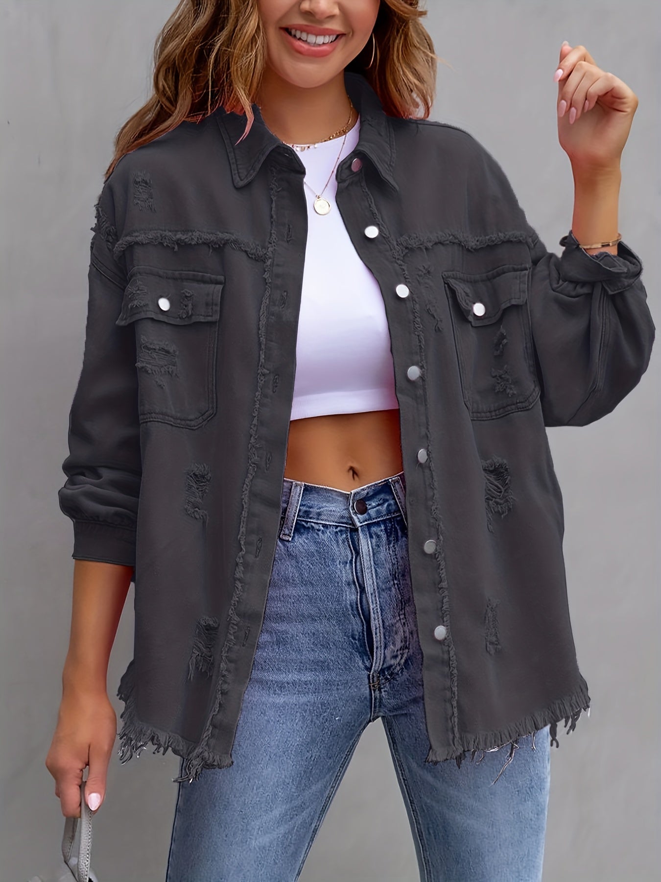 Raw Hem Ripped Distressed Denim Jacket, Flap Pockets Long Sleeves Street Style Single-Breasted Denim Coat, Women's Denim Jeans & Clothing