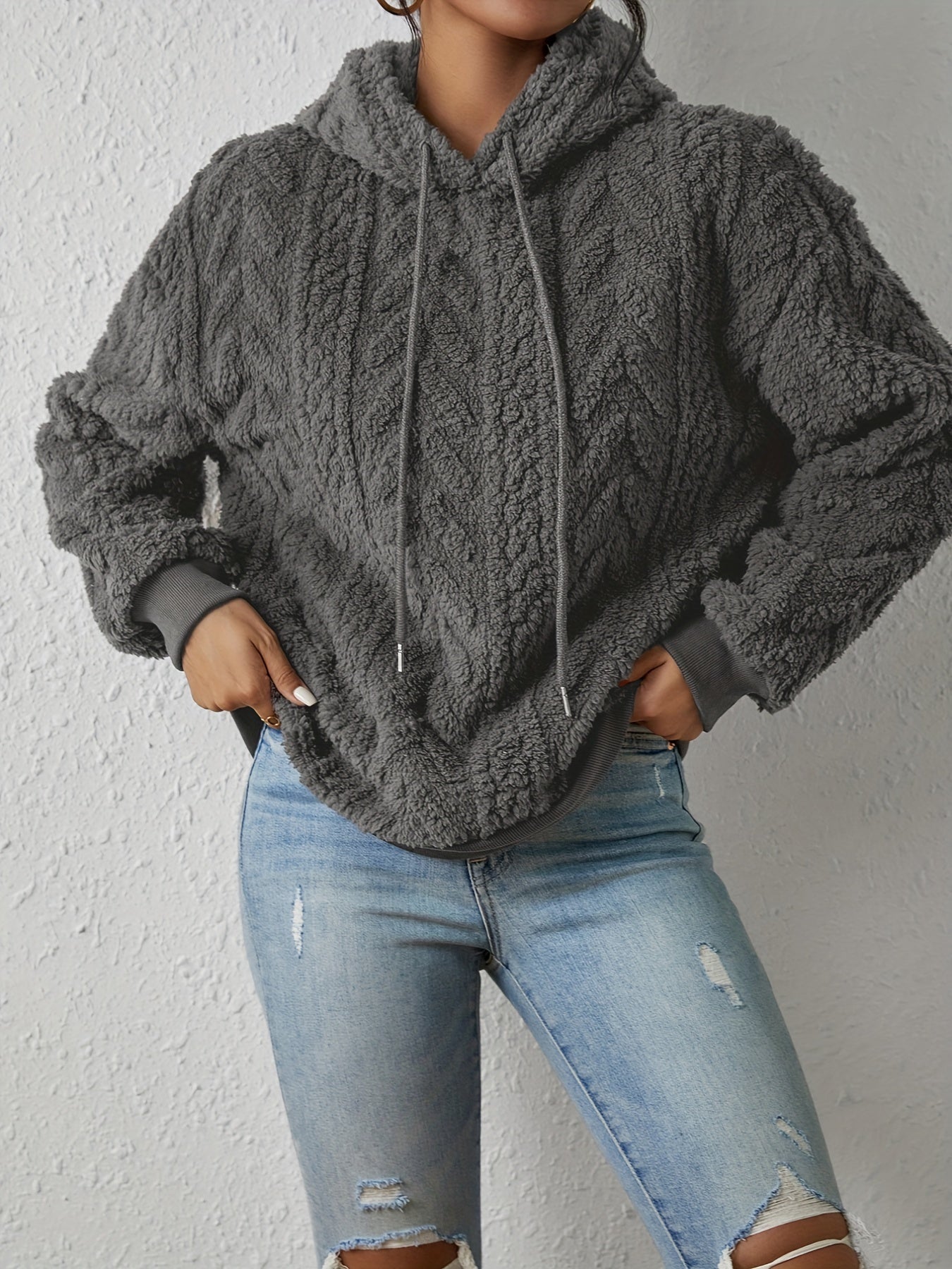 Textured Hoodie Plush Sweatshirt, Casual Long Sleeve Drawstring Hoodies Sweatshirt, Women's Clothing