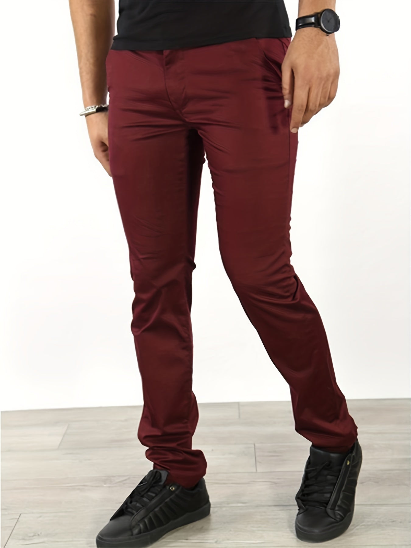 gbolsos Slim Fit Tapered Slacks, Men's Casual Slightly Stretch Solid Color All Match Pants For All Seasons Business