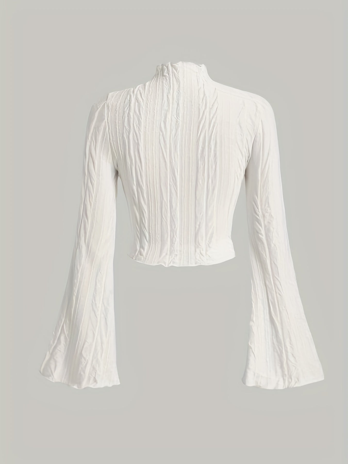 Textured Flared Sleeve Crop Top, Lettuce Trim Mock Neck Top For Spring & Fall, Women's Clothing