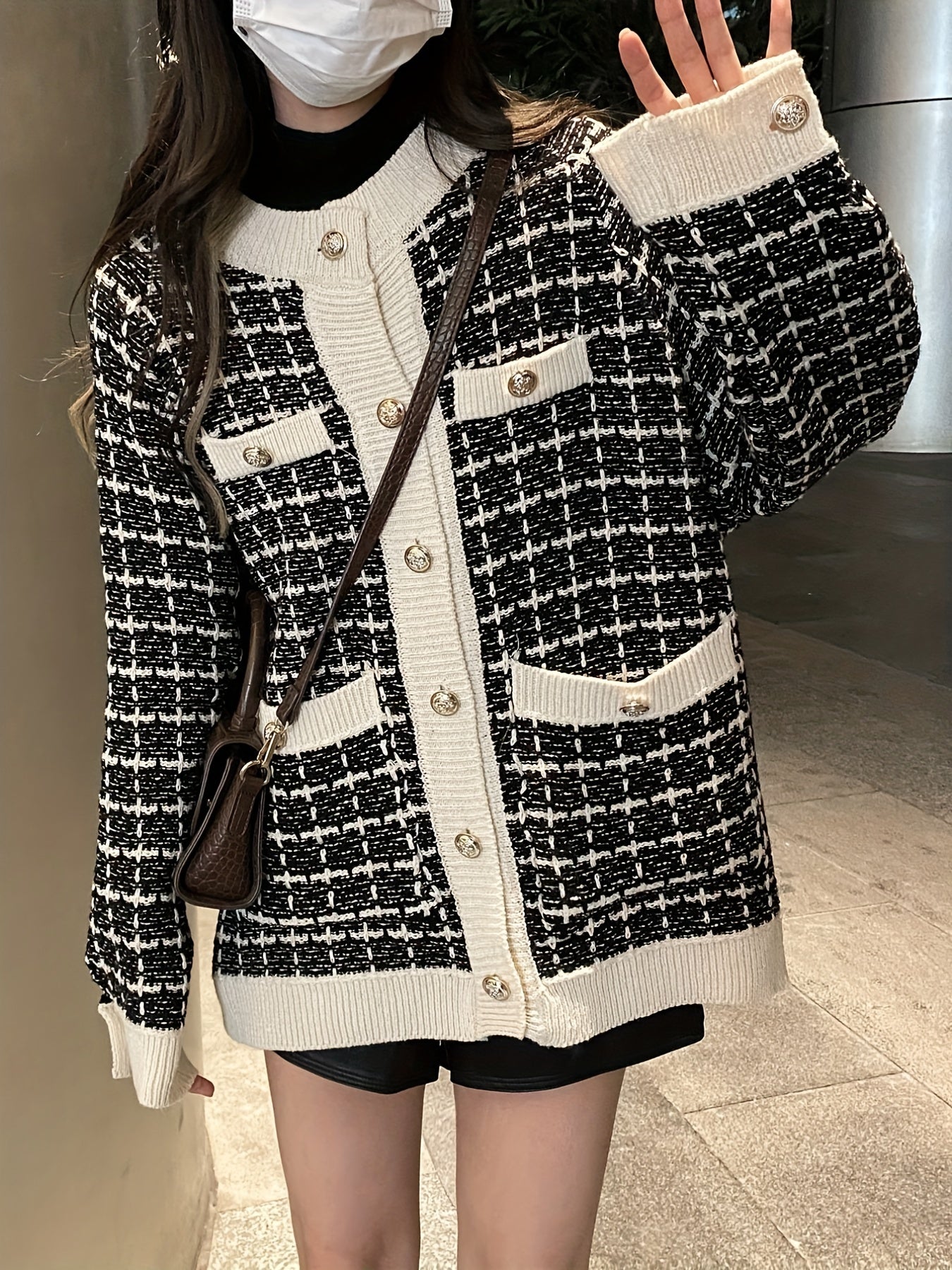 gbolsos Preppy Plaid Pattern Button Up Pocket Cardigan, Casual Long Sleeve Cardigan For Fall & Winter, Women's Clothing
