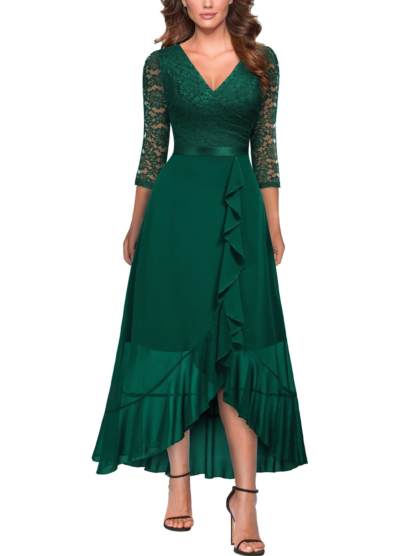 gbolsos Solid V Neck Lace Splicing Dress, Elegant Ruffle Trim Dress For Wedding & Banquet, Women's Clothing