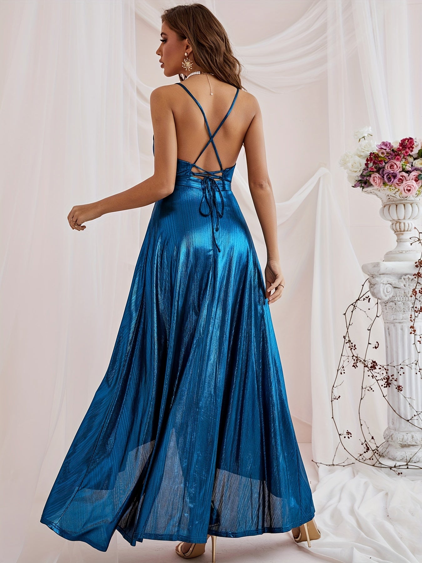 gbolsos Ruffle Hem Cami Bridesmaid Dress, Elegant Backless Dress For Wedding Party, Women's Clothing