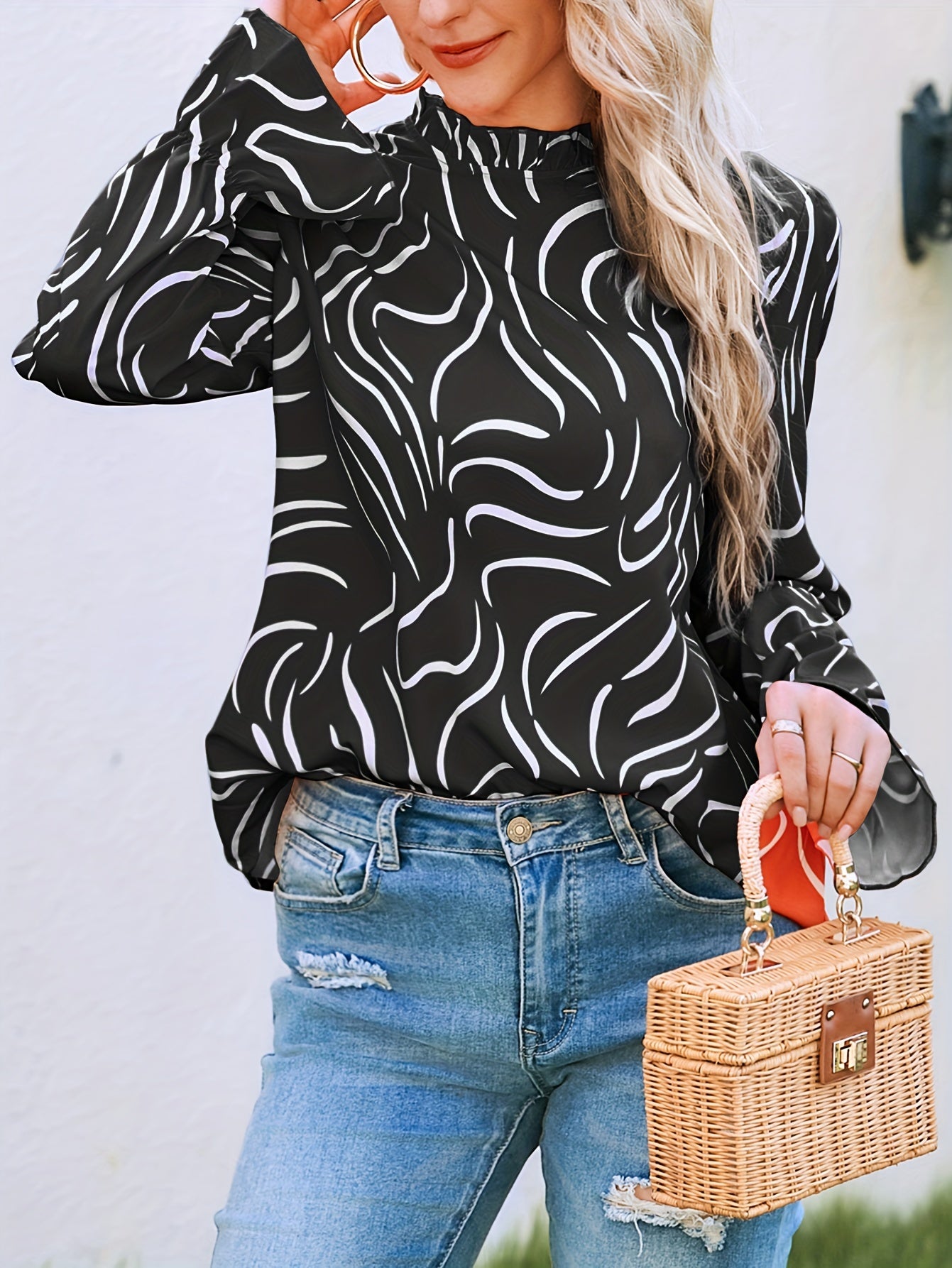 gbolsos Abstract Ripple Print Stand Collar Blouse, Casual Long Sleeve Blouse, Women's Clothing