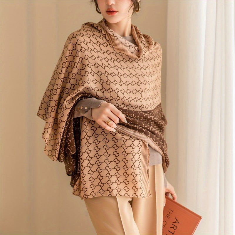 gbolsos Geometric Plaid Print Scarf Khaki Color Block Coldproof Shawl Elegant Casual Warm Wrap Classic Large Scarves For Women