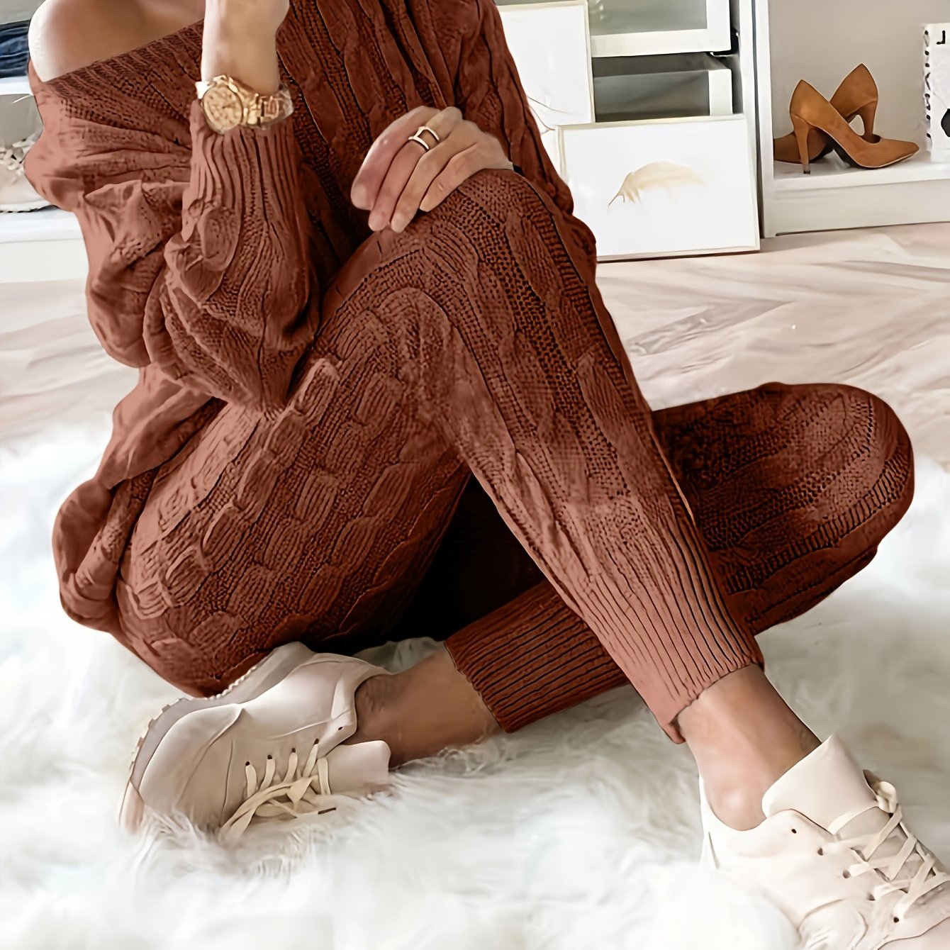 gbolsos Solid Knitted Matching Two-piece Set, Casual Long Sleeve Sweater & Pants Outfits, Women's Clothing