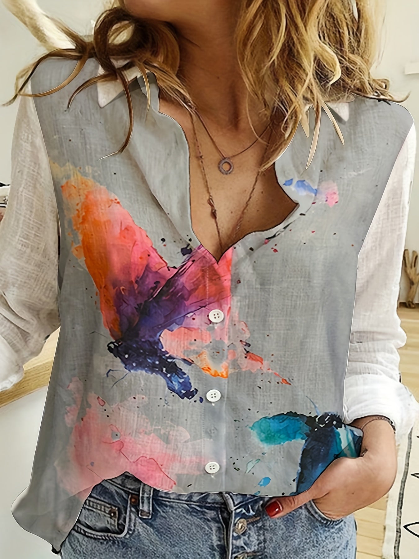 gbolsos Butterfly Print Button Front Shirt, Casual Long Sleeve Shirt For Spring & Fall, Women's Clothing