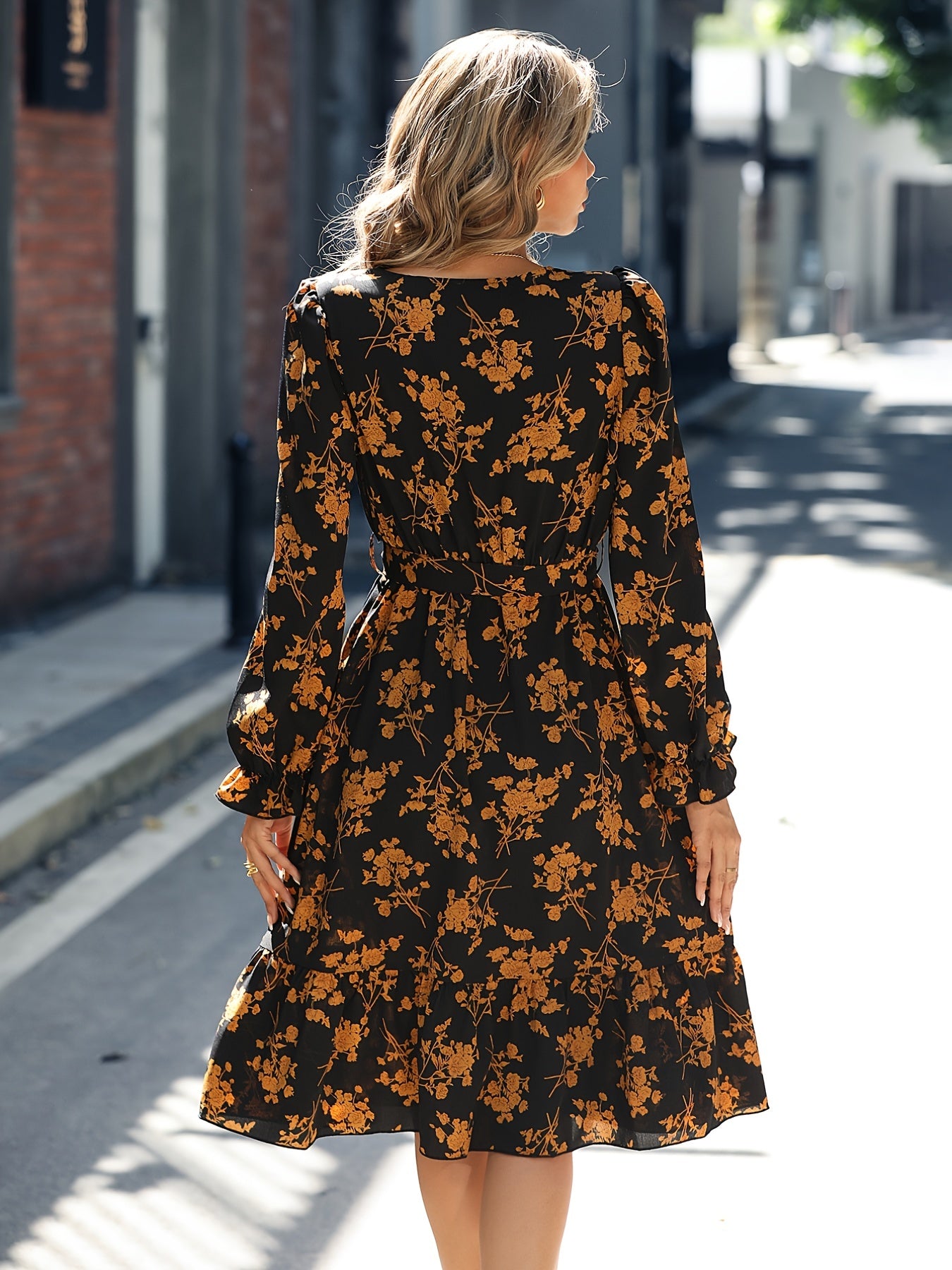 Retro V-neck Ruffle Dress, Print Long Sleeve Waist Loose Summer Dresses, Women's Clothing