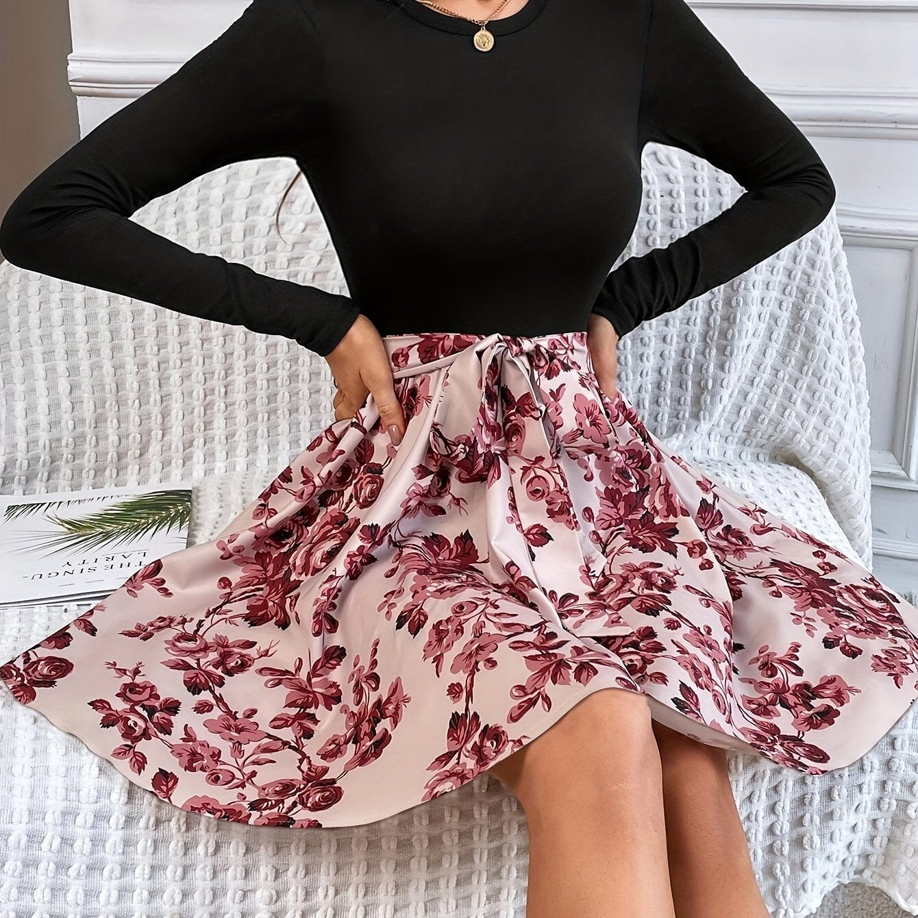 gbolsos Floral Print Splicing Dress, Elegant Crew Neck Long Sleeve Dress, Women's Clothing