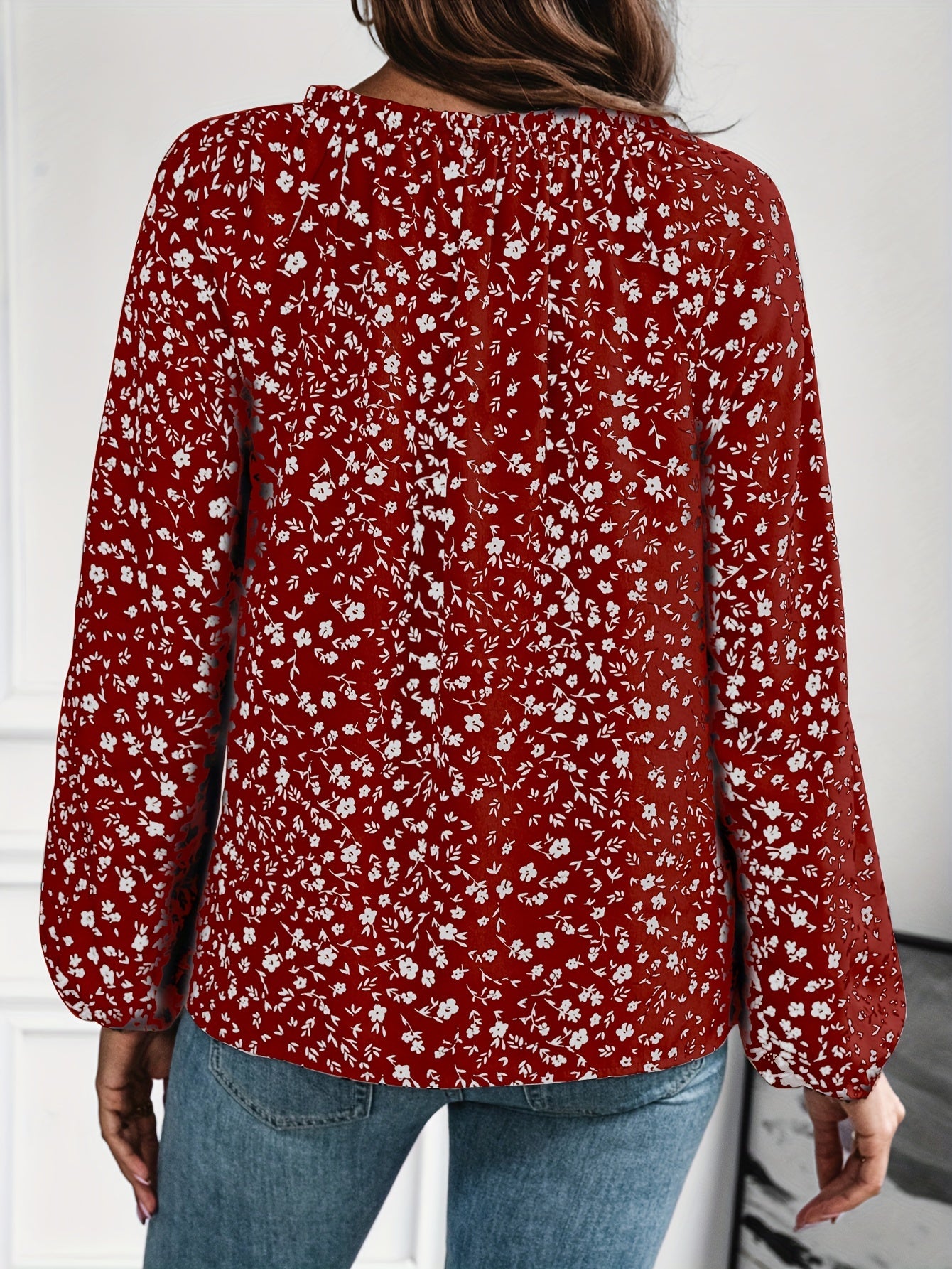 gbolsos Floral Print Cold Shoulder Blouse, Elegant Ruched Long Sleeve Blouse, Women's Clothing