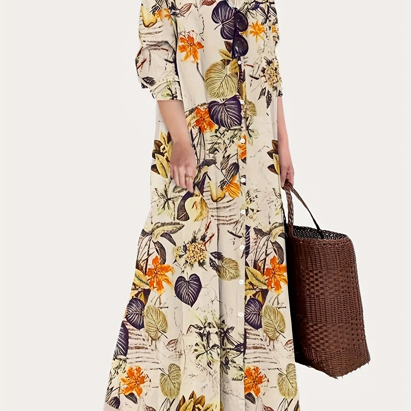 gbolsos Leaves Print Single Button Dress, Versatile Long Sleeve Maxi Dress For Spring & Fall, Women's Clothing