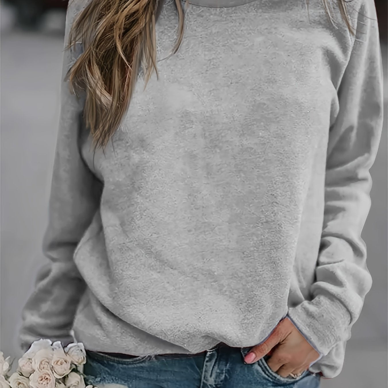 gbolsos Solid Crew Neck Pullover, Casual Fashion Loose Long Sleeve Sweatshirt, Women's Clothing