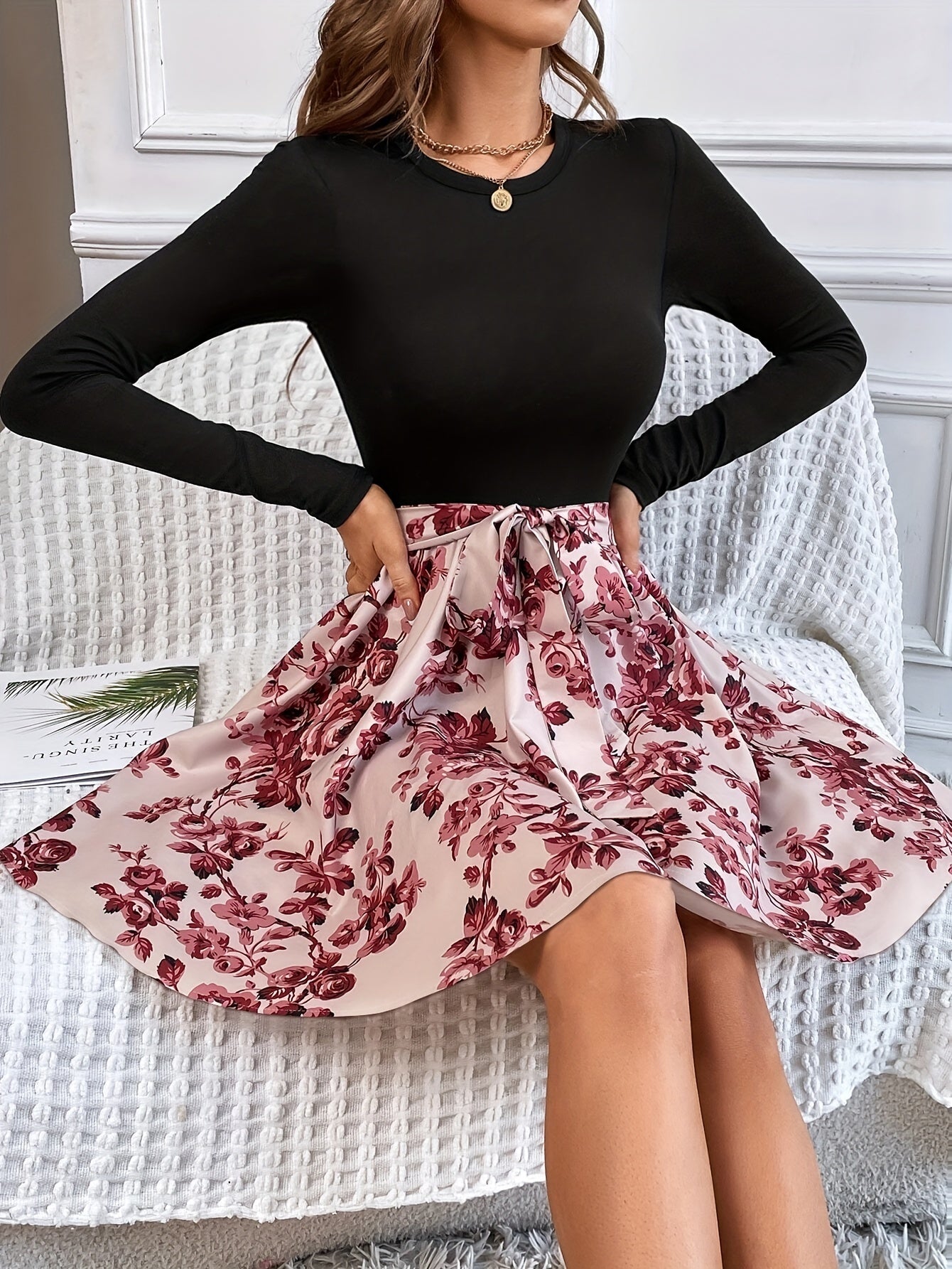 gbolsos Floral Print Splicing Dress, Elegant Crew Neck Long Sleeve Dress, Women's Clothing