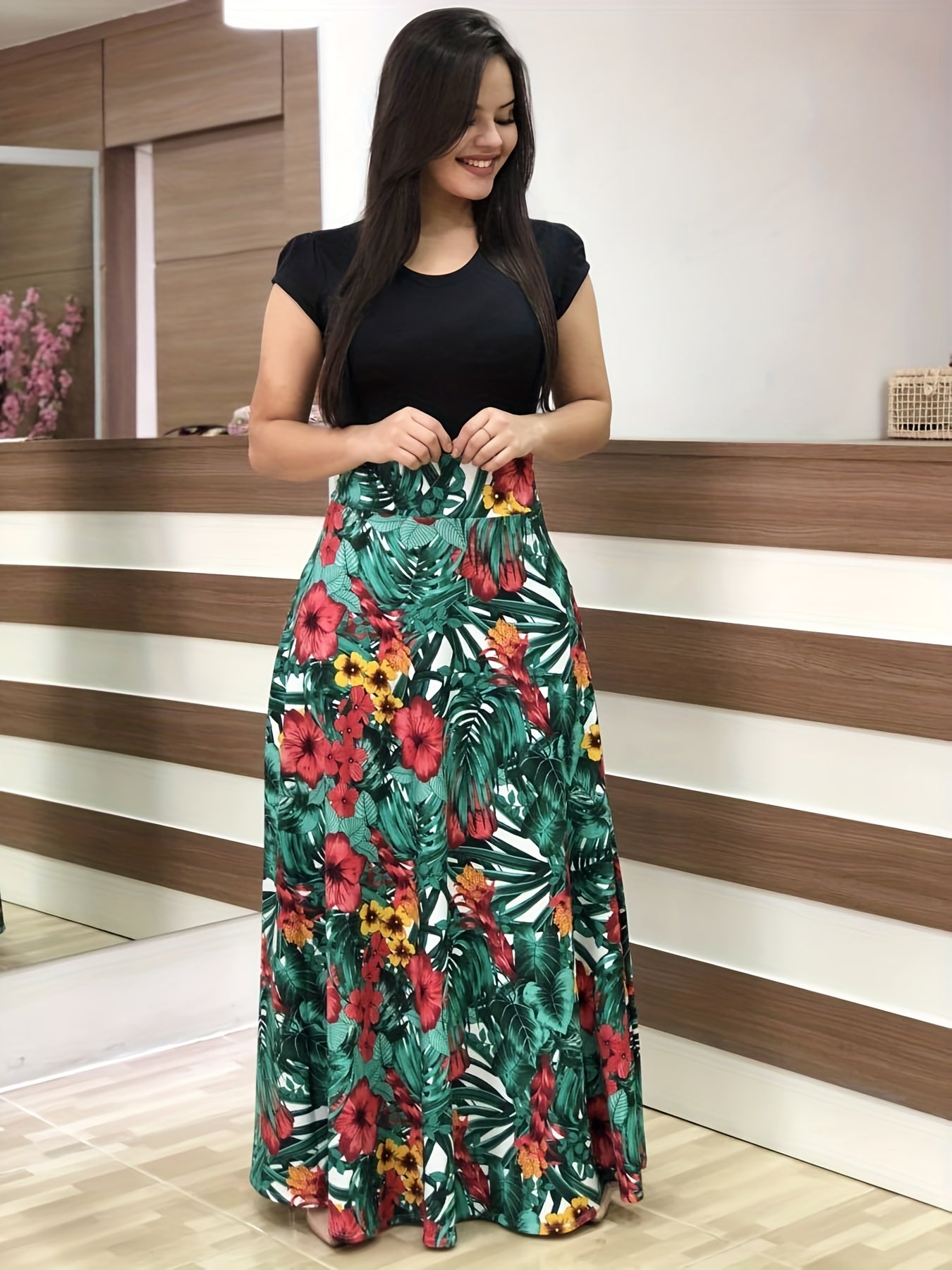 gbolsos Floral Print Splicing Dress, Elegant Crew Neck Short Sleeve Pleated Maxi Dress, Women's Clothing