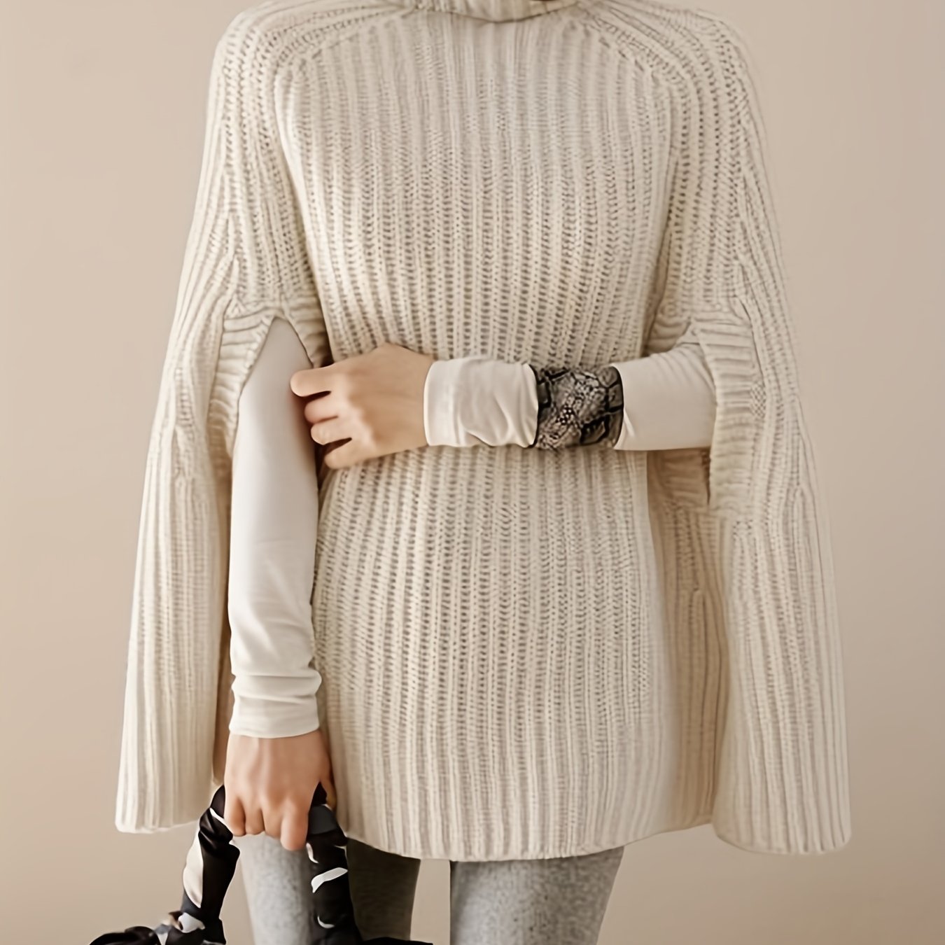 Cape Sleeve Turtle Neck Sweater, Elegant Ribbed Knit Sweater For Fall & Winter, Women's Clothing