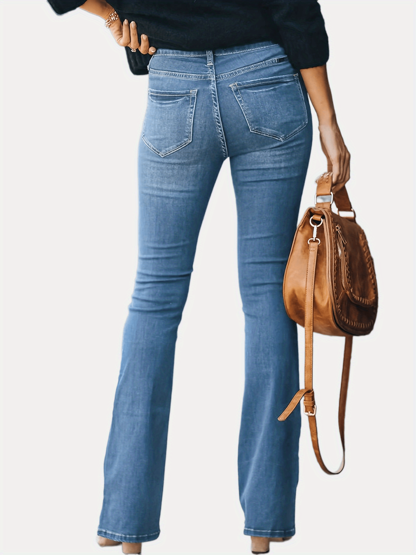 gbolsos Embossed Crotch Button Bell Bottom Jeans, Stretchy Slim Fitting Slash Pockets Bootcut Pants, Women's Denim & Clothing
