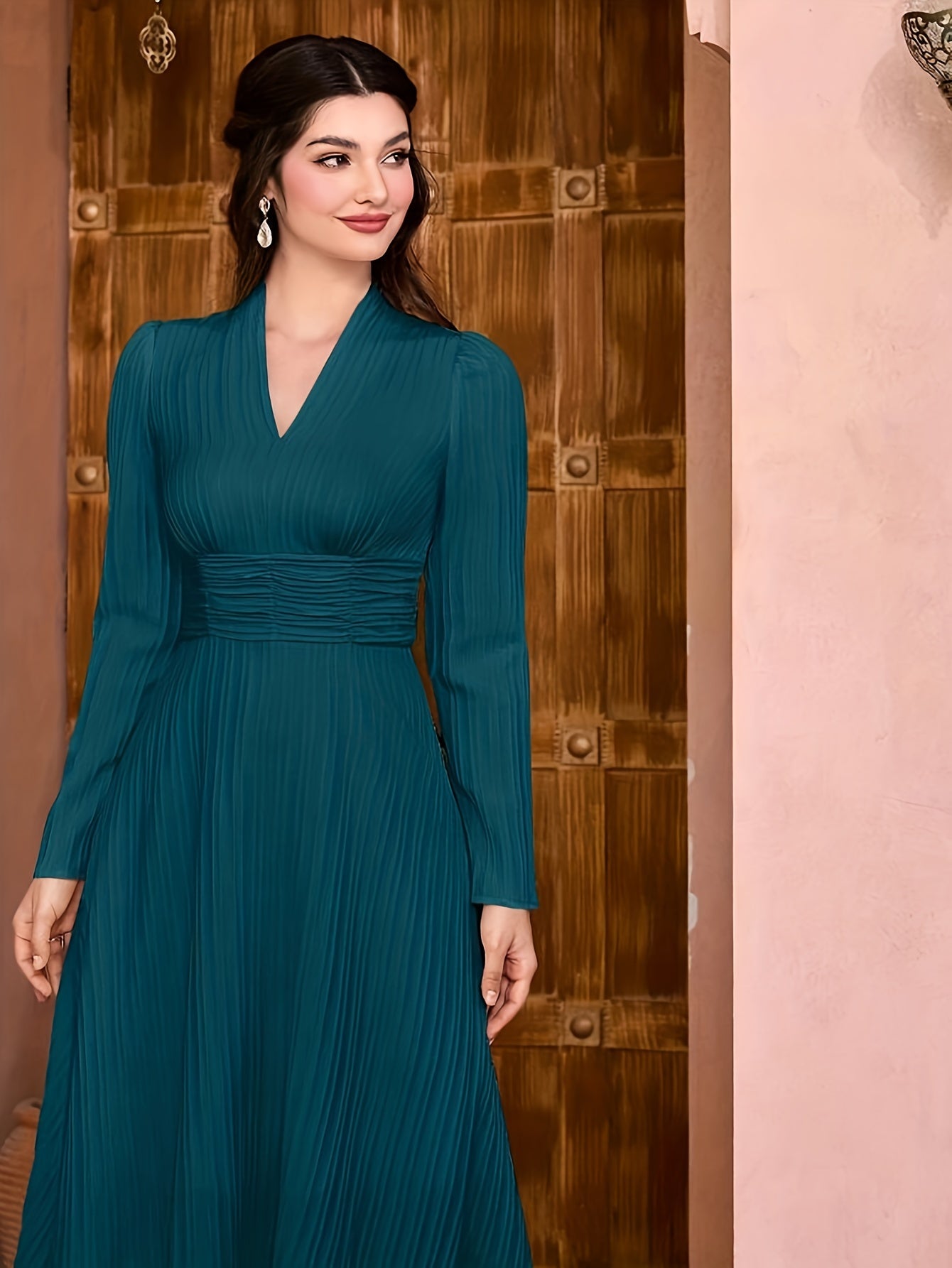 gbolsos Solid V Neck Dress, Elegant Long Sleeve Shirred Waist Dress, Women's Clothing