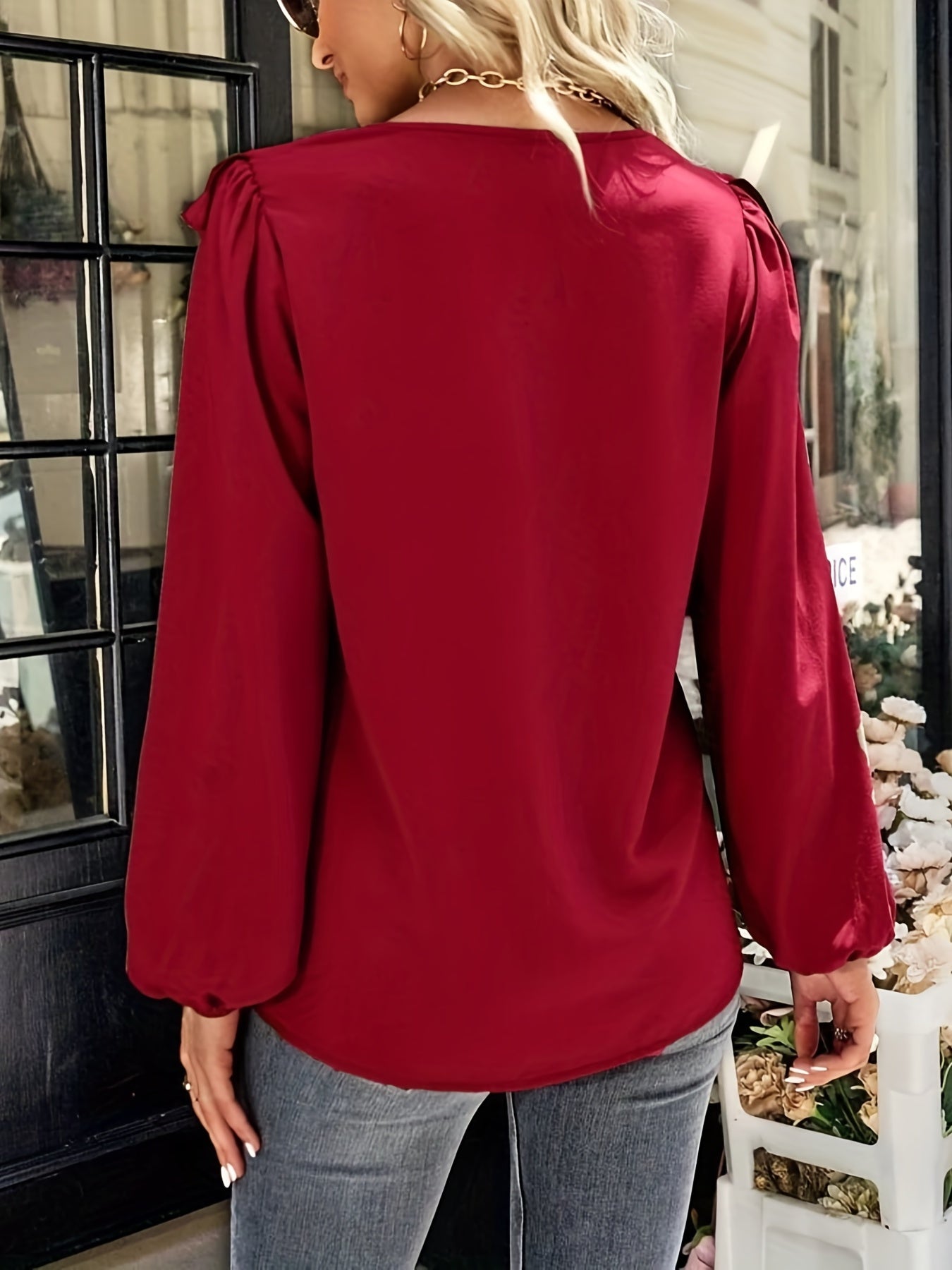 gbolsos Ruffle Trim Solid Blouse, Elegant V Neck Lantern Sleeve Blouse, Women's Clothing