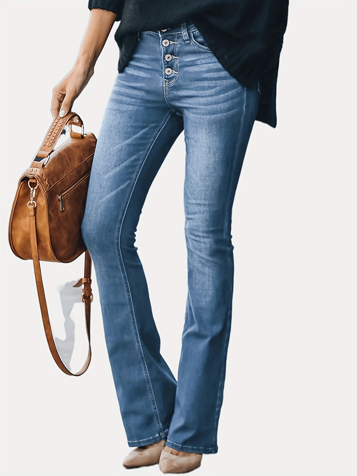 gbolsos Embossed Crotch Button Bell Bottom Jeans, Stretchy Slim Fitting Slash Pockets Bootcut Pants, Women's Denim & Clothing