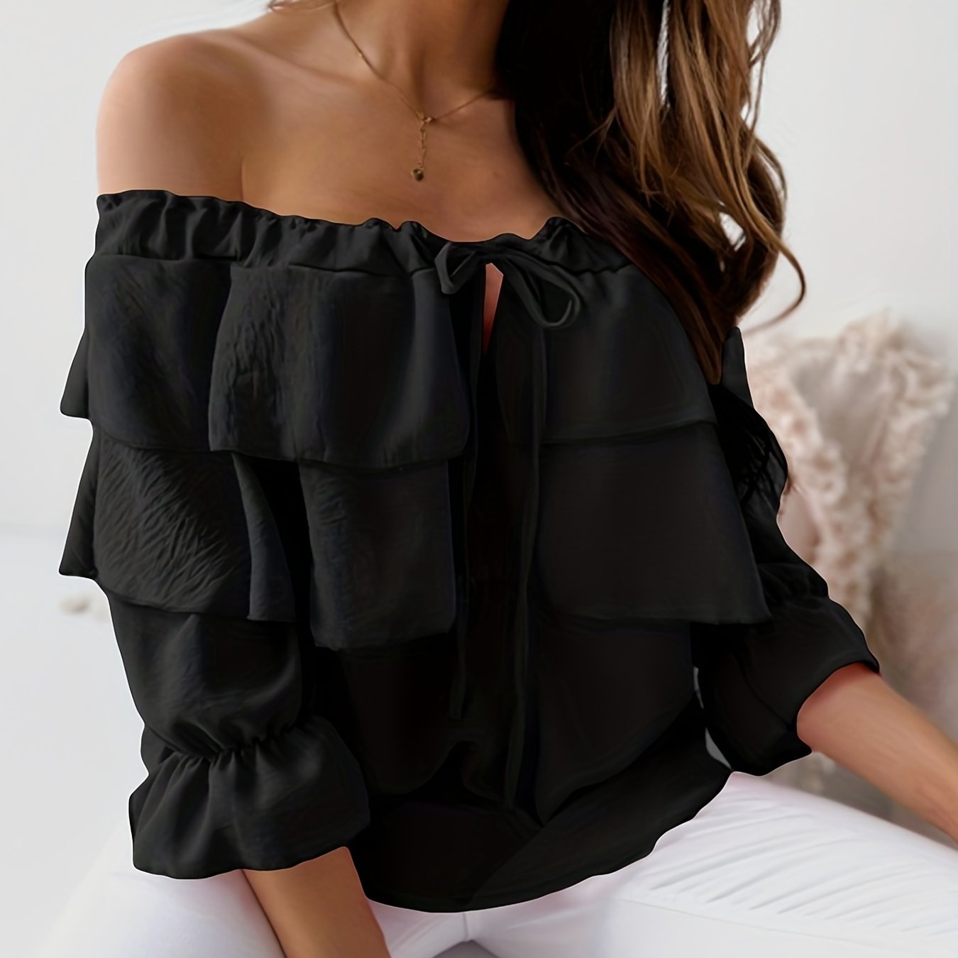 gbolsos Ruffle Trim Layered Blouse, Sexy Off Shoulder Solid Blouse, Women's Clothing