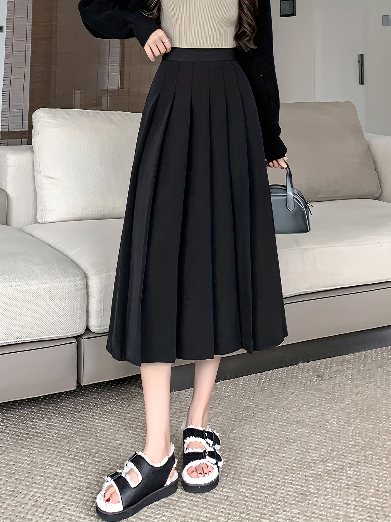 gbolsos Solid High Waist Skirt, Elegant Pleated Midi Draped Skirt, Women's Clothing