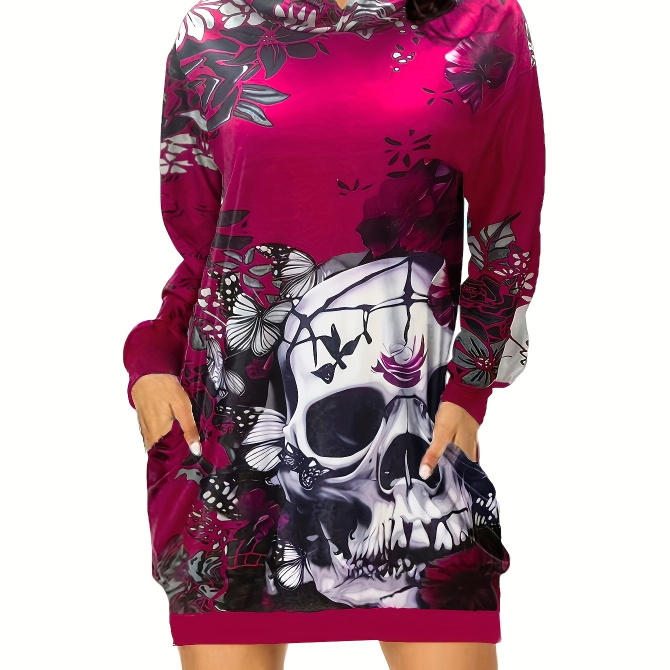 gbolsos Skull & Flower Print Dress, Gothic Hooded Long Sleeve Mini Dress With Pockets, Women's Clothing