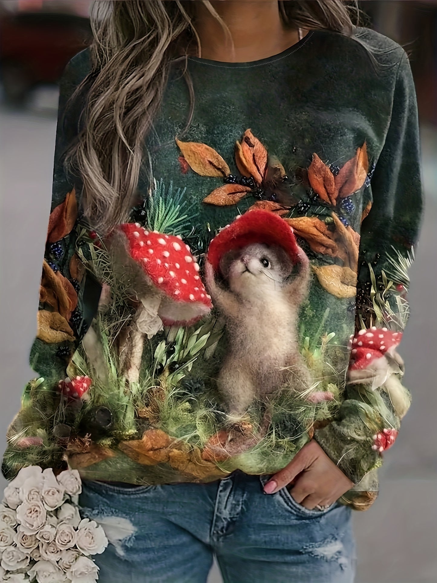 gbolsos Mushroom & Animal Print Crew Neck T-Shirt, Casual Long Sleeve Top For Spring & Fall, Women's Clothing