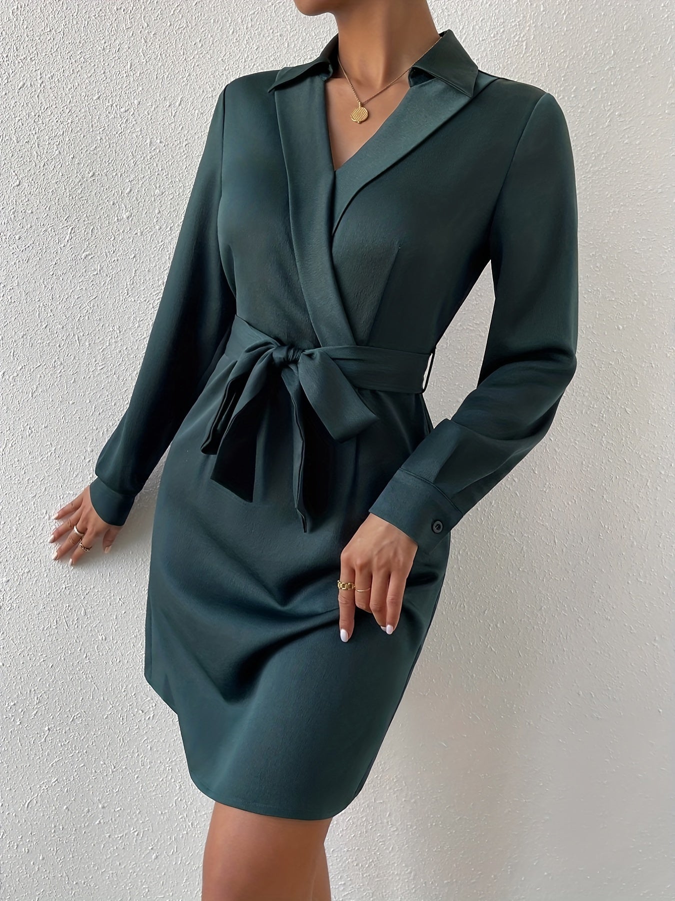 gbolsos Solid Surplice Neck Dress, Elegant Long Sleeve Simple Dress, Women's Clothing