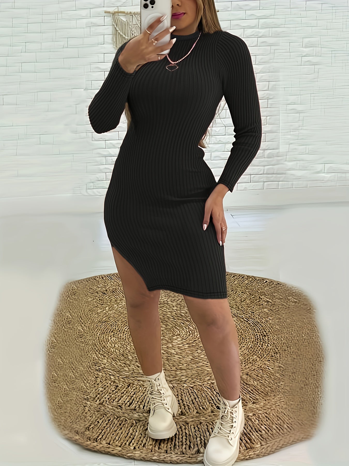 gbolsos Ribbed Split Solid Dress, Casual Mock Neck Long Sleeve Dress, Women's Clothing