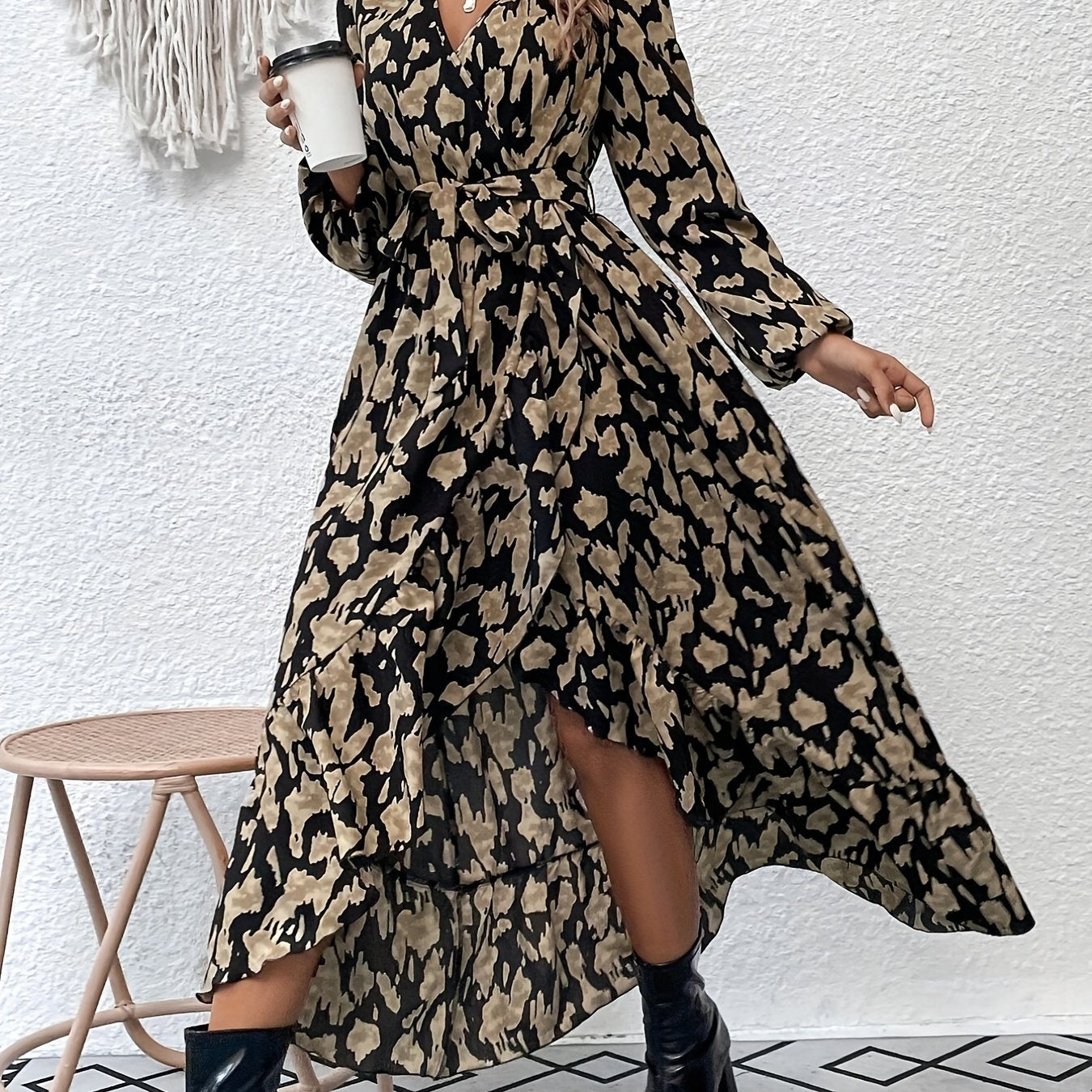 Allover Print Ruffle Hem Dress, Elegant V Neck Long Sleeve Dress, Women's Clothing