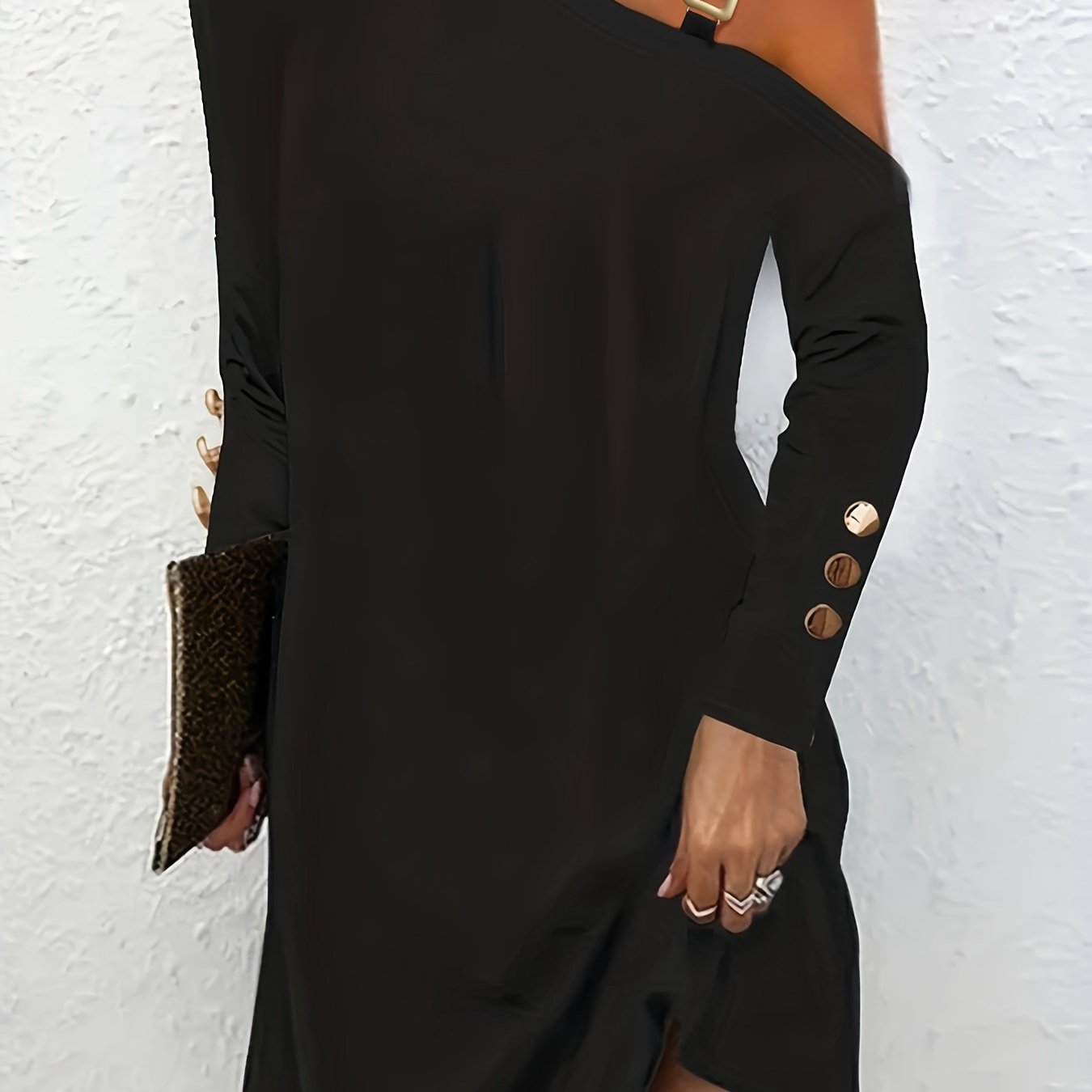 gbolsos Chain Linked Asymmetrical Dress, Casual Long Sleeve Bodycon Dress, Women's Clothing