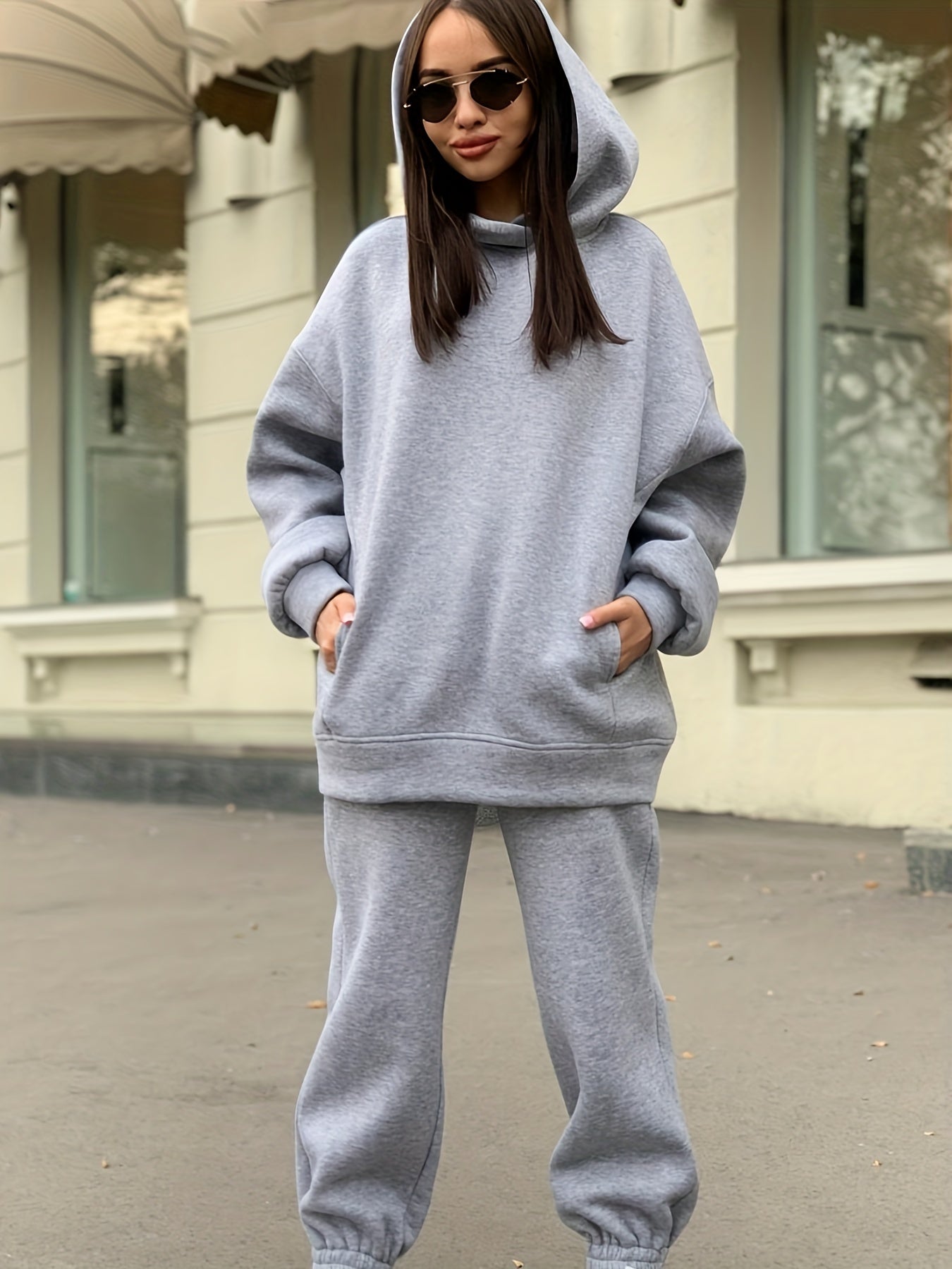 gbolsos Casual Sporty Two-piece Set, Pocket Hoodie Sweatshirt & Elastic High Waist Sweatpants Outfits, Women's Clothing