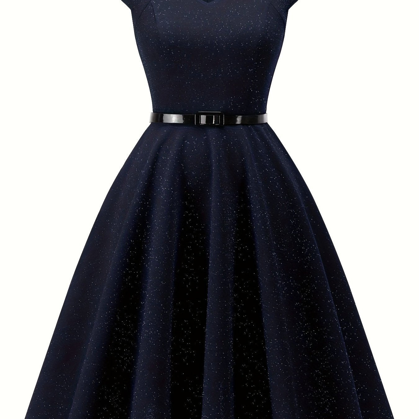 gbolsos Solid Color Cap Sleeve Dress, Vintage V Neck A-line Flare Dress, Women's Clothing