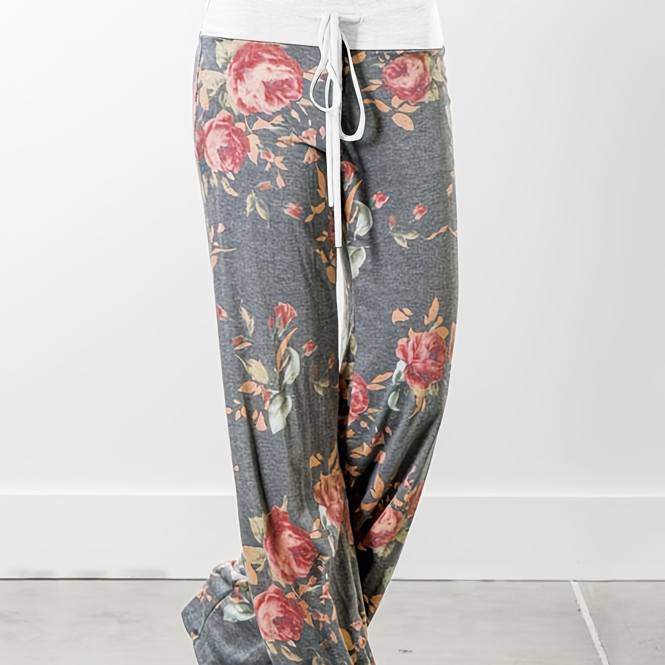 Loose Wide Leg Pants, Casual Yoga Low Waist Solid Floral Print Summer Comfy Pants, Women's Clothing