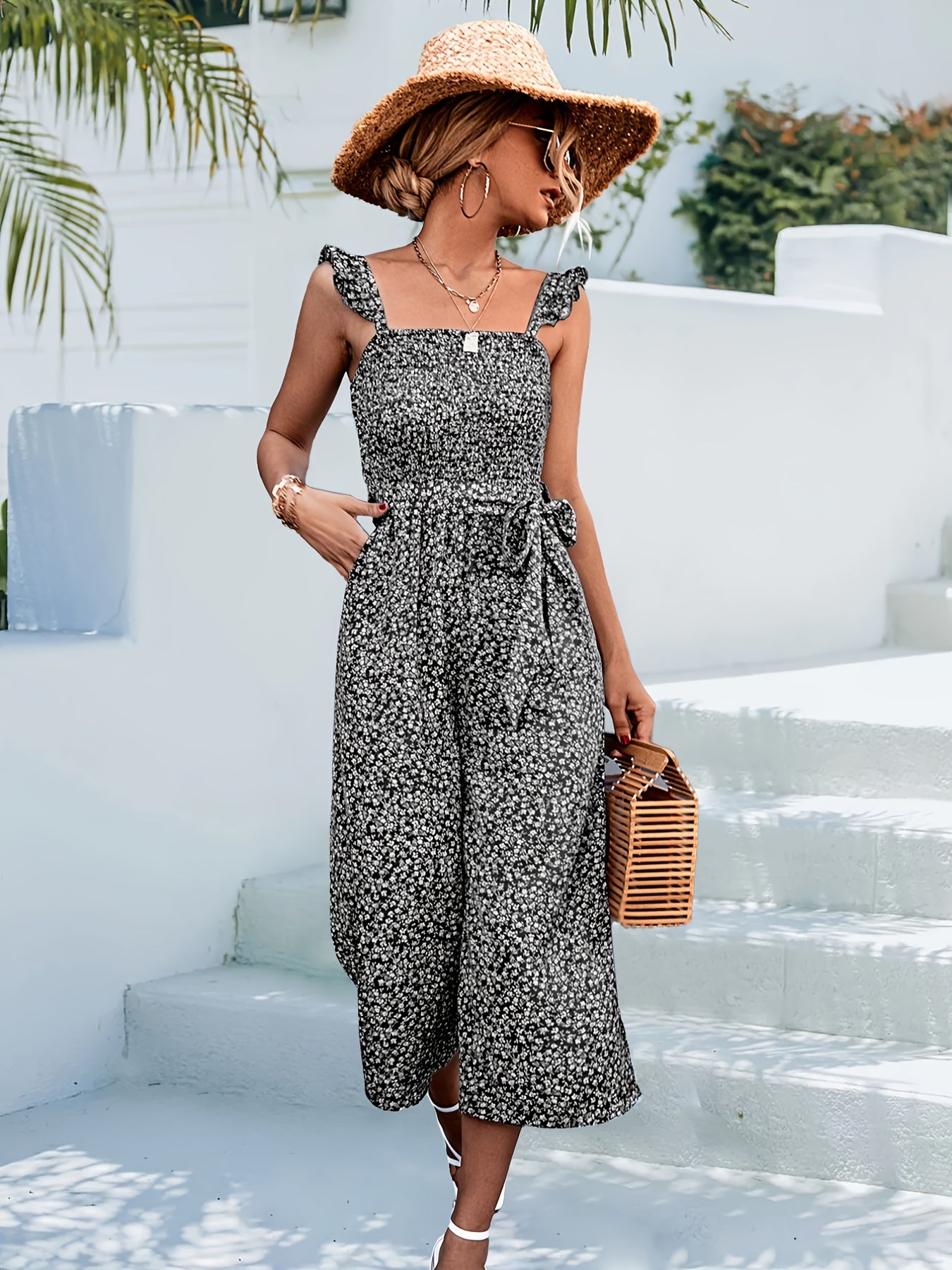 gbolsos Boho Ditsy Lace Up Jumpsuit, Casual Holiday Sleeveless Ruffle Hem Wide Leg Jumpsuit, Women's Clothing