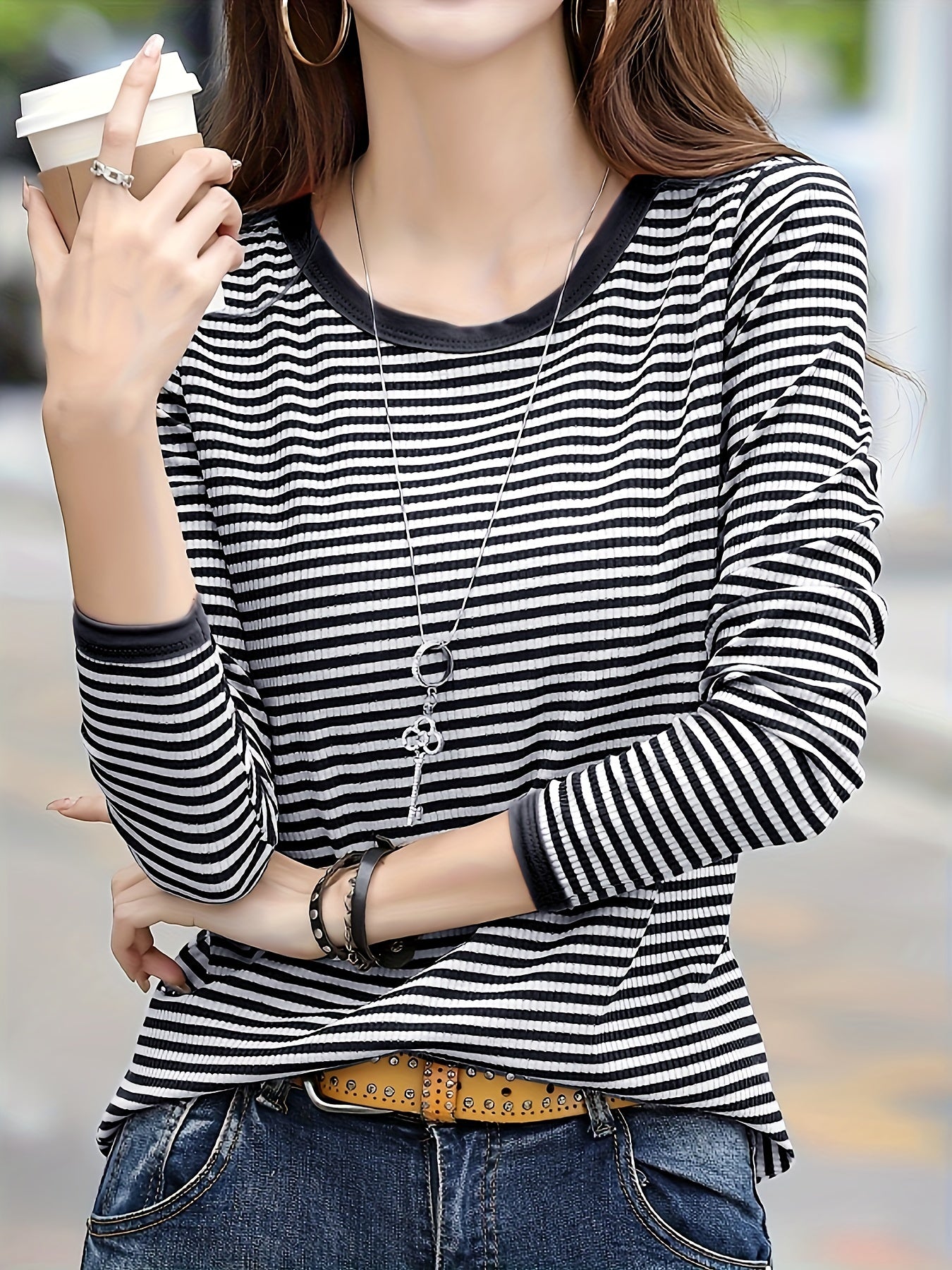 gbolsos Women's Striped Crew Neck T-Shirt, Casual Long Sleeve T-Shirt, Casual Every Day Tops, Women's Clothing