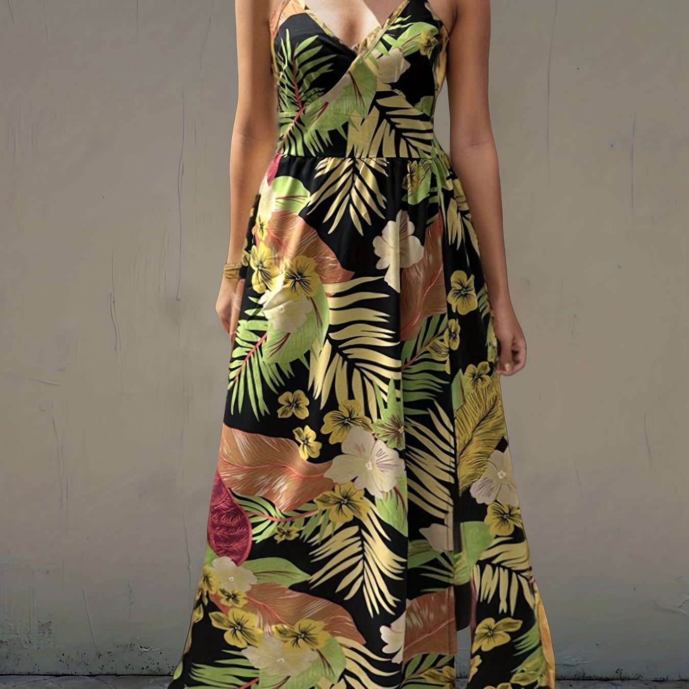 gbolsos Tropical Print Cami Dress, Vacation Split Thigh Sleeveless Summer Maxi Dress, Women's Clothing