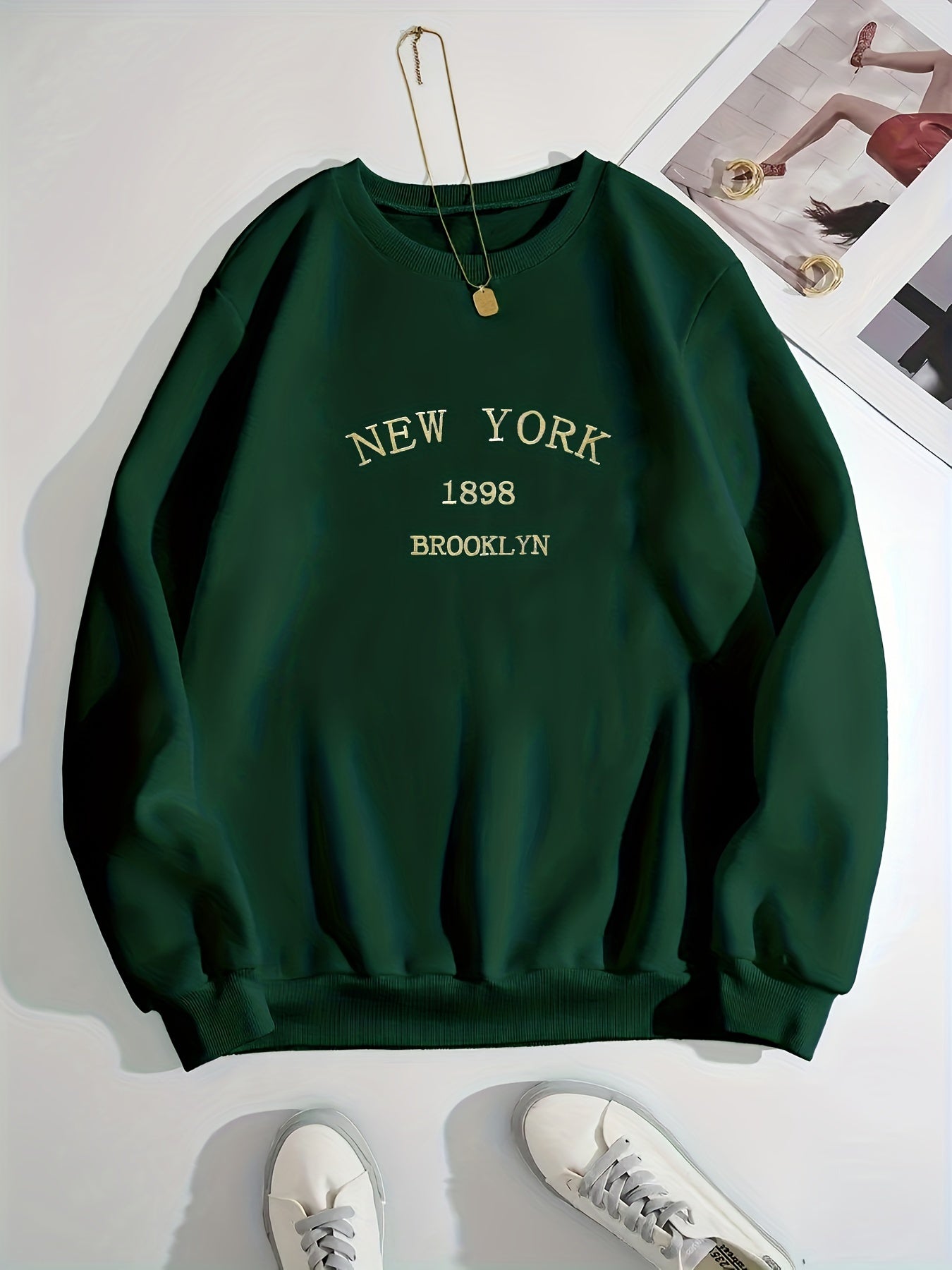 New York Brooklyn Print Loose Sweatshirt, Casual Long Sleeve Crew Neck Sweatshirt, Women's Clothing